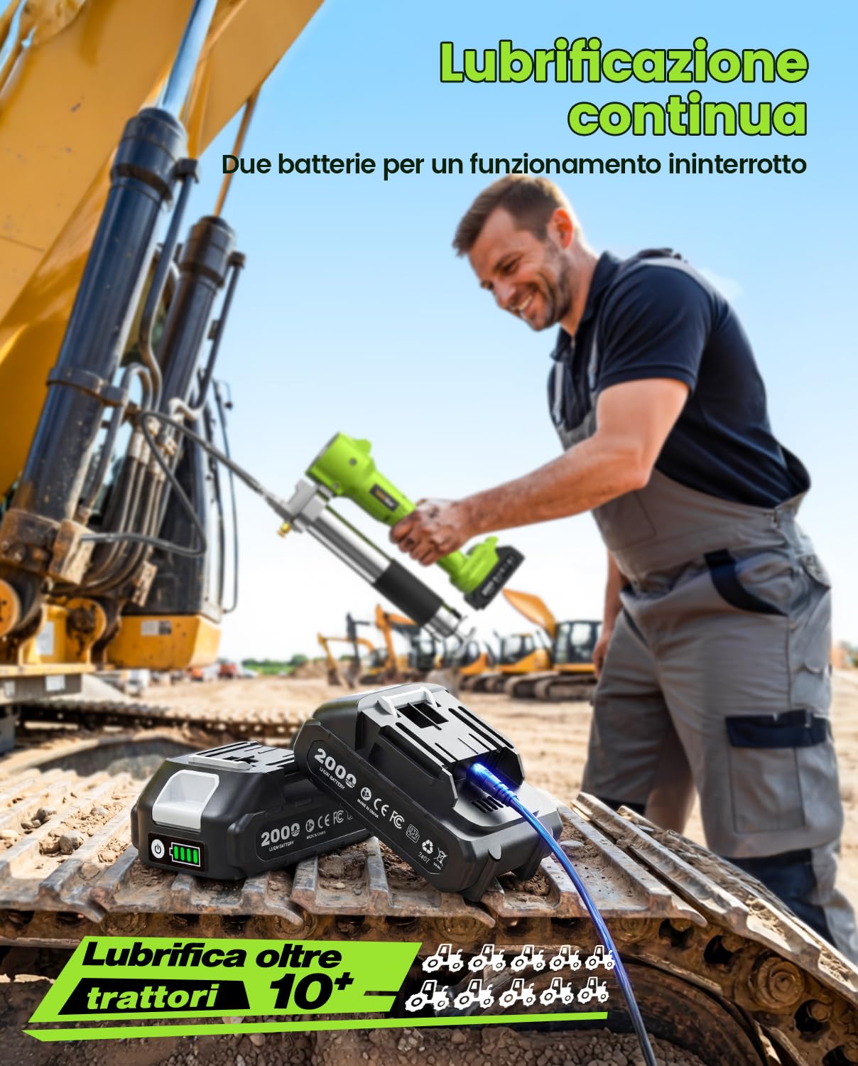 TaskStar Ingrassatore a Batteria, Pistola per Grasso Elettrica Super Efficiente con 2 Batterie e Caricabatterie, Tubo Flessibile da 39,4”, Ingrassatore da 10000 PSI con Luce LED Super Luminosa, Verde