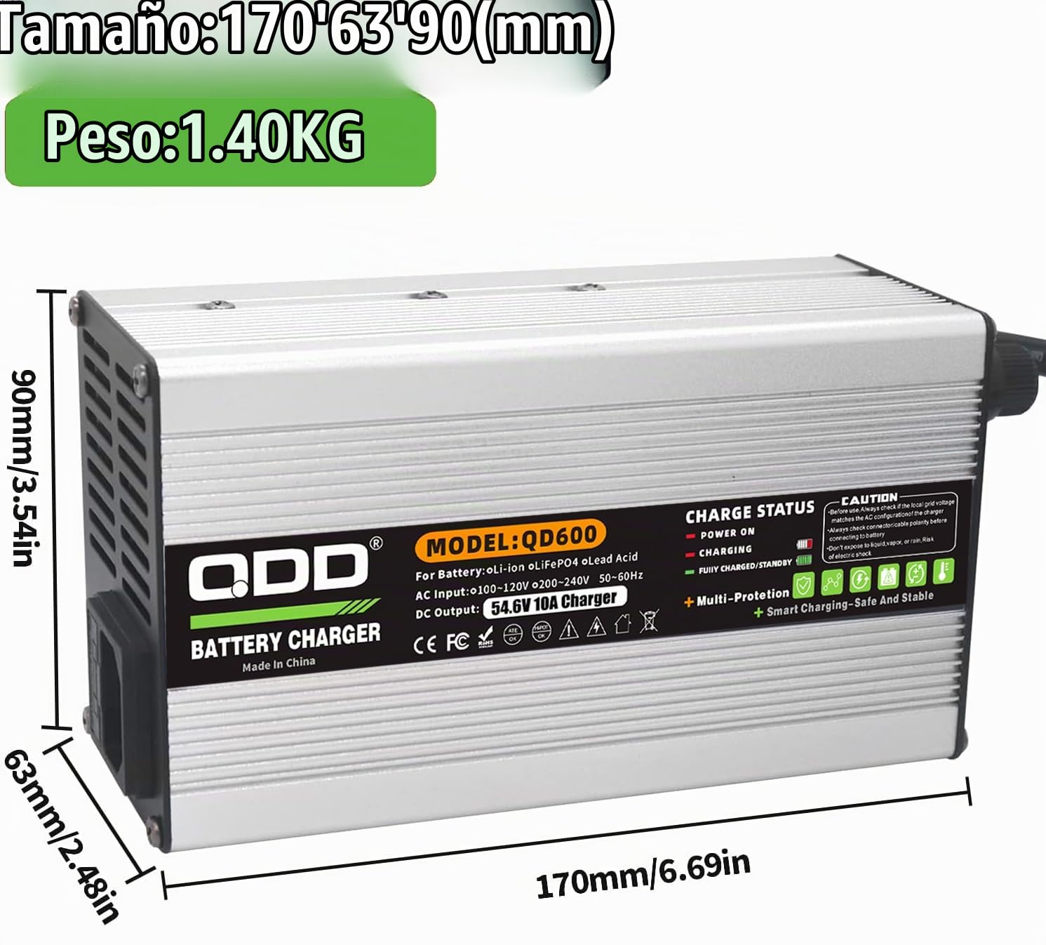 QDD Cargador 54.6V 10A Batería Li-ION 48V Salida Conector C13 Scooter, Cargador de Coche Eléctrico Utilizado para Batería Lipo Lipo 13S 48V