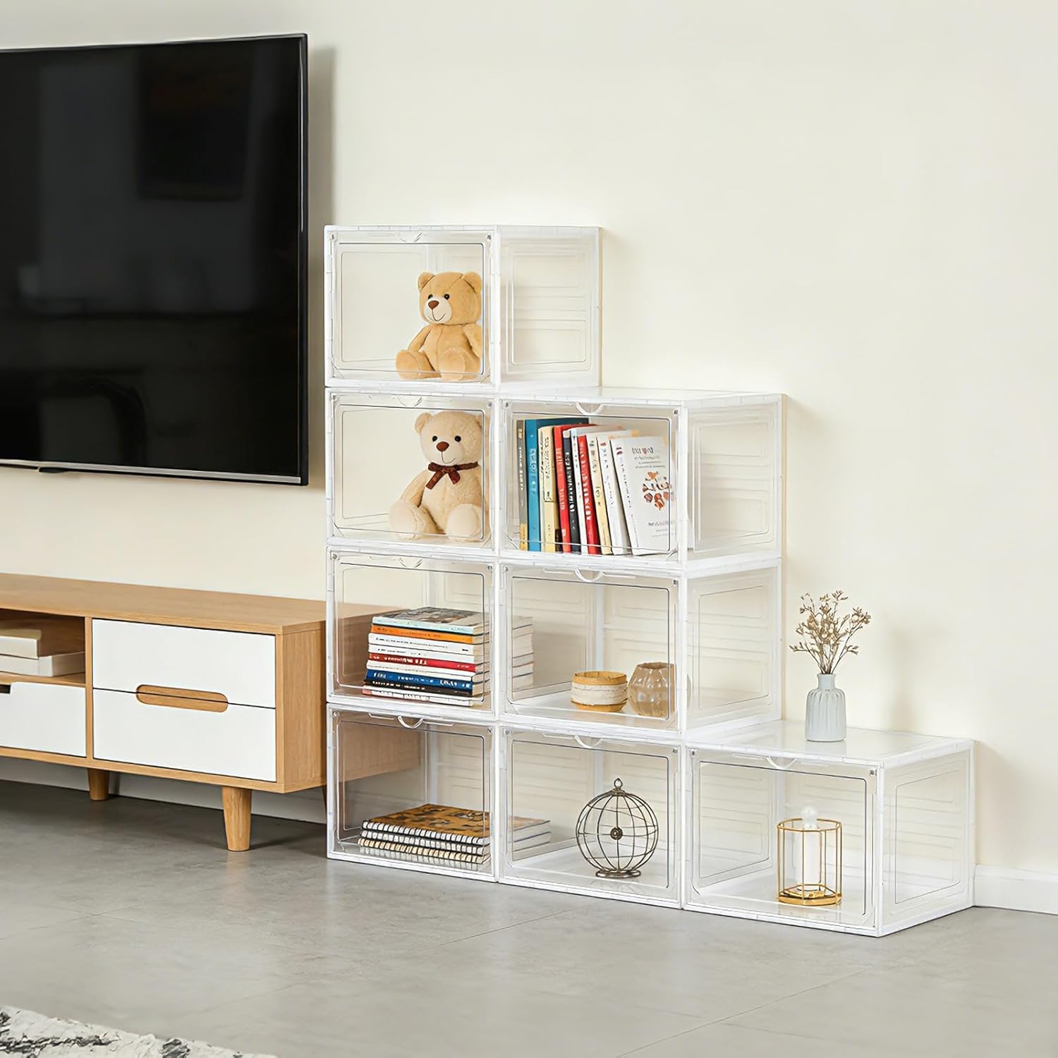 Upgraded X-Large Shoe Organizer, Stackable 12 Pack Plastic Shoe Box with Clear Door, Space-Saving Shoe Rack for Sneaker Display,Fit up to US Size 12