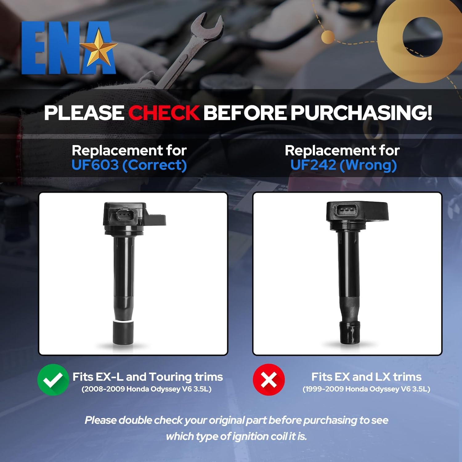 ENA Ignition Coil Pack of 6 for 3.5L 2008 2009 2010 2011 2012 2013 2014 2015 2016 2017 Compatible with Honda Odyssey Accord Crosstour Acura TL RL TSX 3.5 V6 Coils for UF603 IC693 C1624 30520R70A01