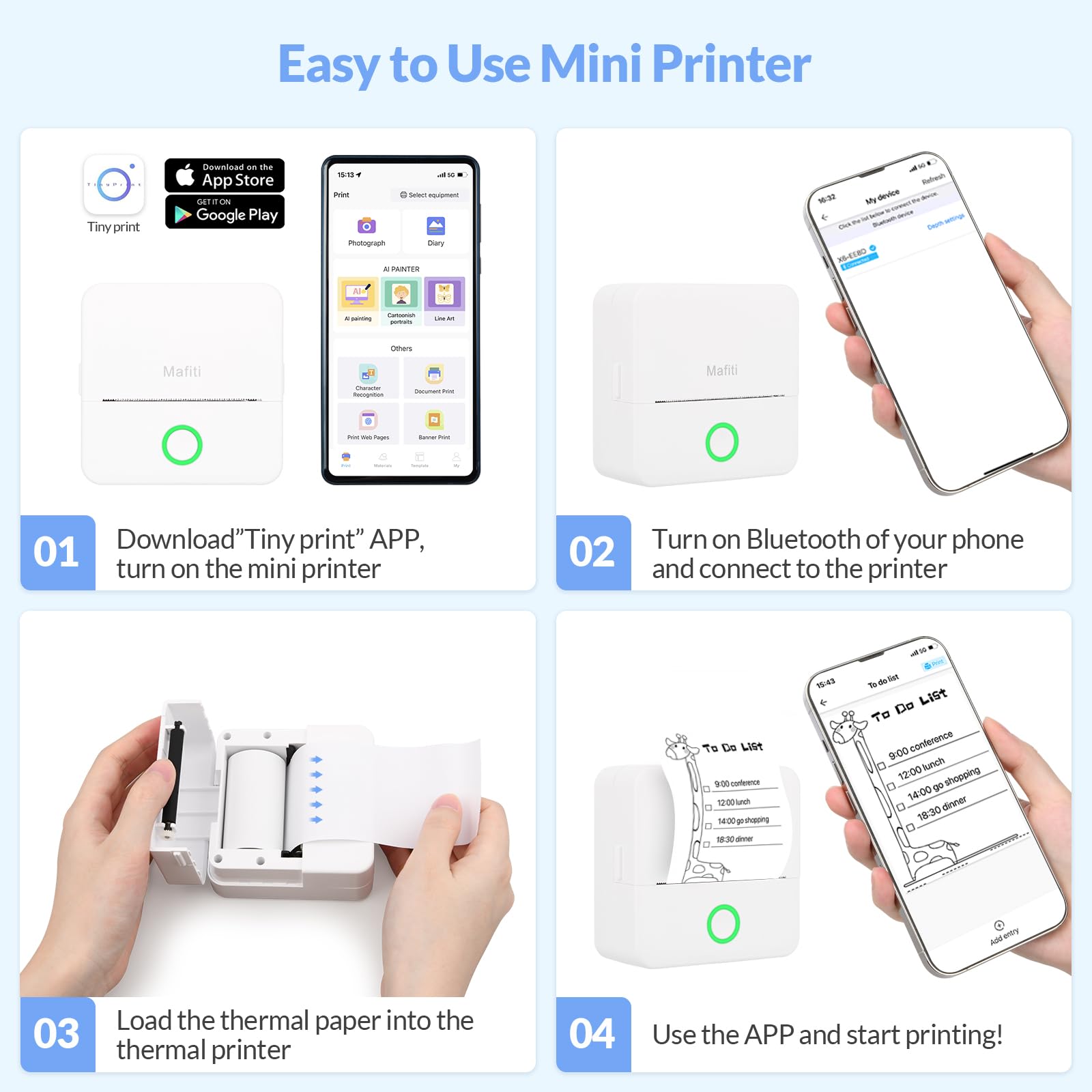 mafiti Mini termiczna drukarka fotograficzna Bluetooth, kompatybilna z systemem iOS Android, do pomocy w nauce, do biura, na etykietę paragonową, zabawa, praca, dziennik