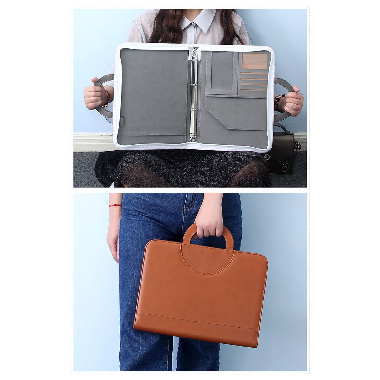 Padfolio A4 Biznesowe Portfolio Skórzana teczka konferencyjna z zamkiem błyskawicznym Osobisty organizer do pracy Podróżny segregator pierścieniowy dla mężczyzn kobiet w tym notatnik do wielokrotnego napełniania 25 arkuszy 4-pak (kolor: szary))