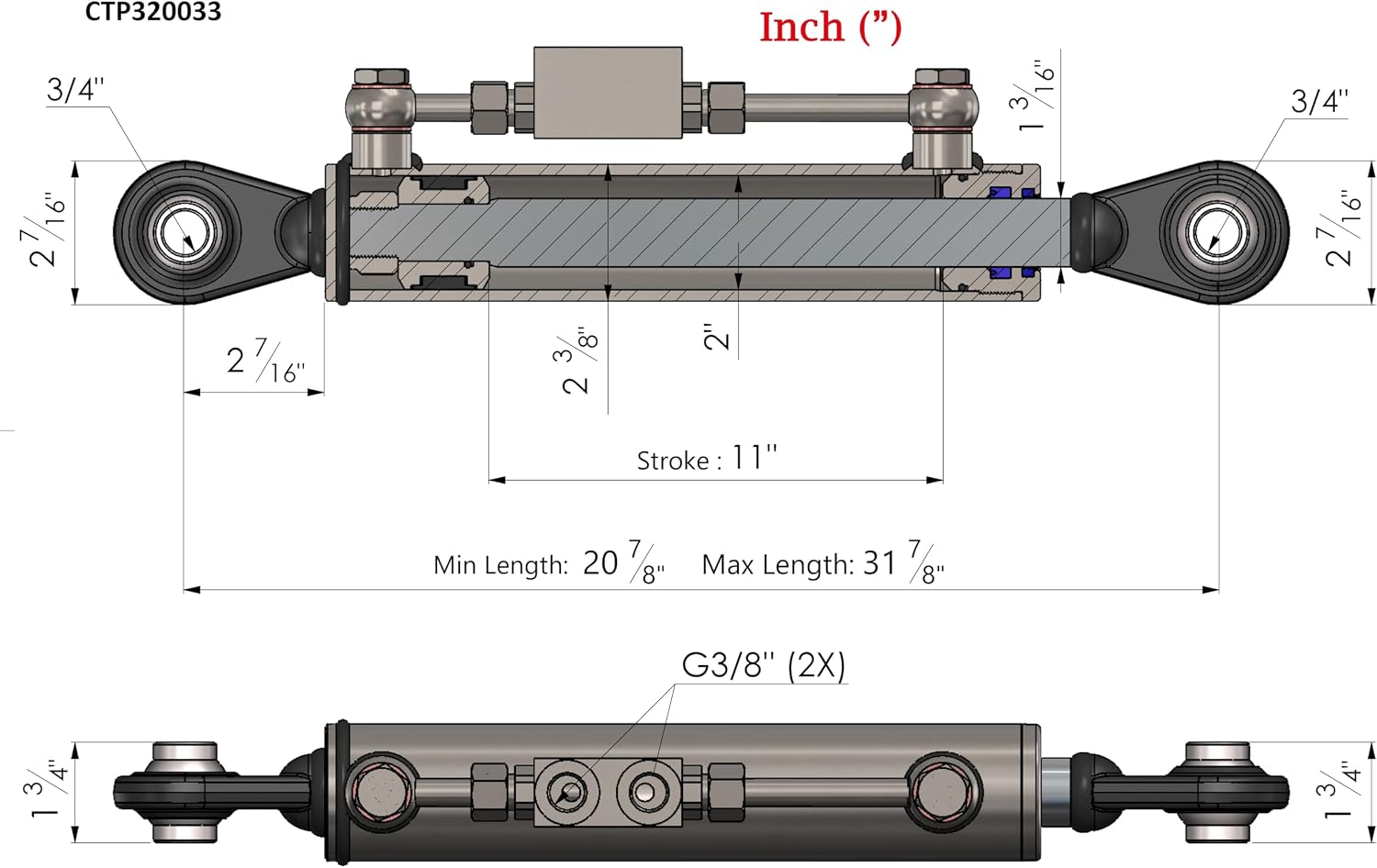Spare Parts Holland - Hydraulic Top Link Cat 1-1 with Locking Block - Min. 20-7/8" Max. 31-7/8"