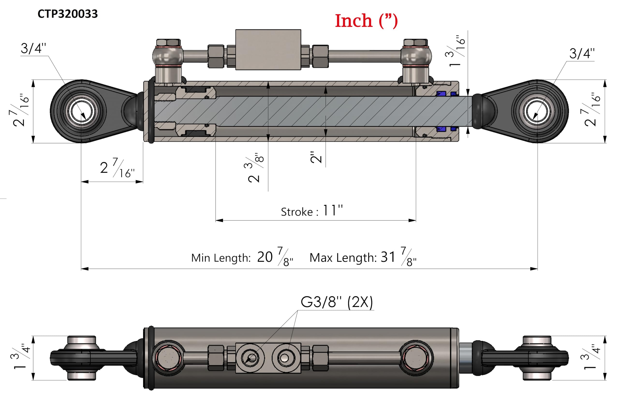 Hydraulischer Oberlenker Kat. 1-1 (530-810 mm) mit Sperrblock und Schläuchen