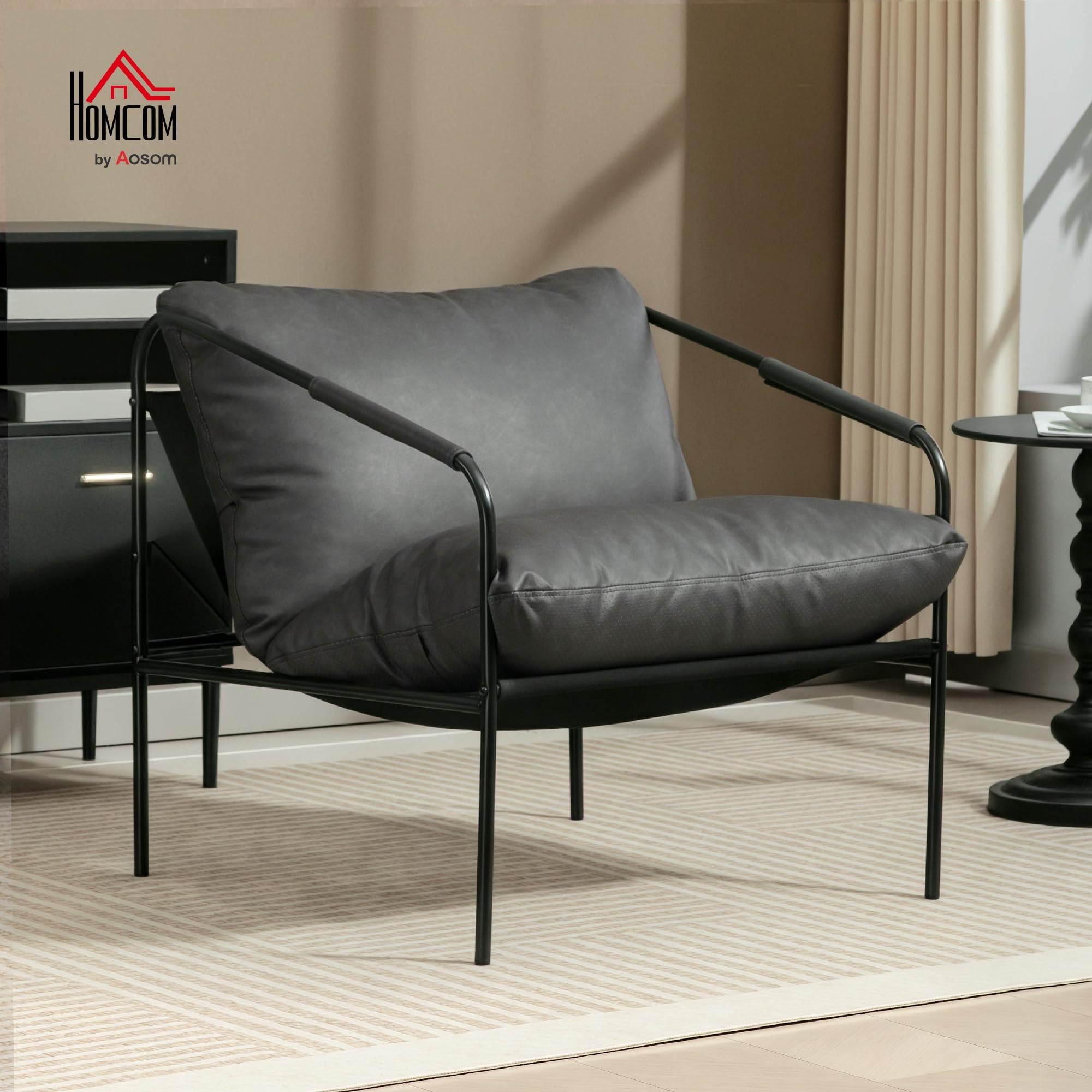 HOMCOM Poltrona da Salotto Imbottita Moderna, Poltroncina Camera da Letto con Cuscini Rimovibile, Braccioli e Telaio in Metallo, Poltrona Relax in Pelle PU per Soggiorno, 74.5x75x77 cm, Grigio Carbone