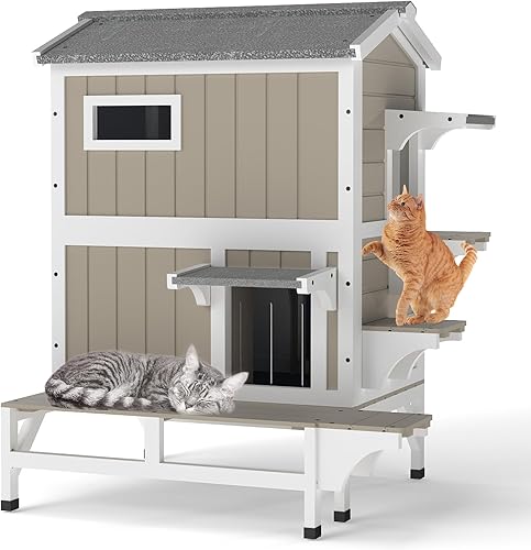 Casa para gatos de 2 pisos de 28.7 pulgadas de largo con 3 puertas, refugio para gatos para interiores y exteriores para 2-3 gatos con balcón
