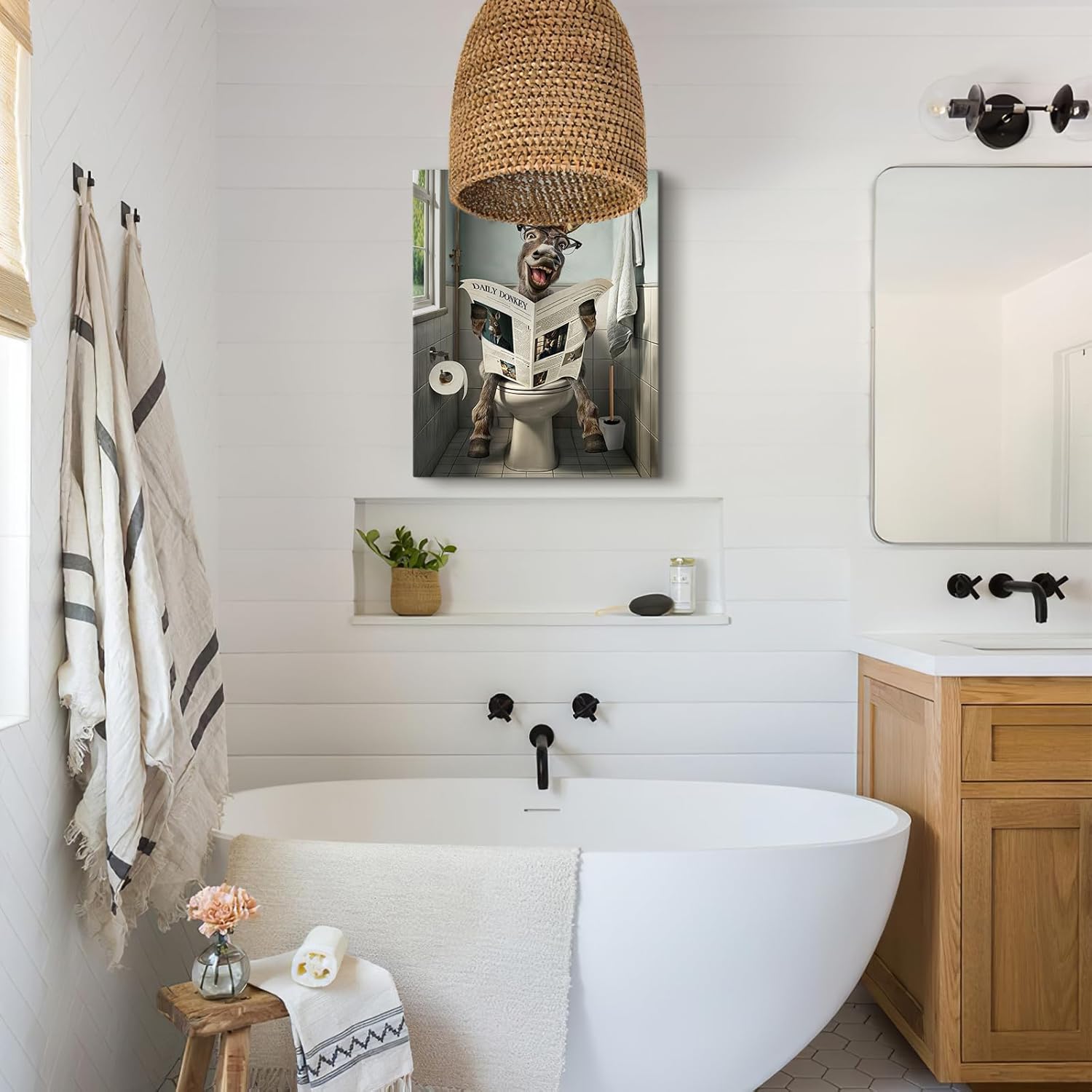 Farmhouse Bathroom Wall Art Funny Wall Art Bathroom Signs Donkey Sitting in Toilet Bathroom Pictures Canva Rustic Funny Animal Bathroom Decor Wall Art for Bathroom Toilet Decoration 20x24inch(Frame)