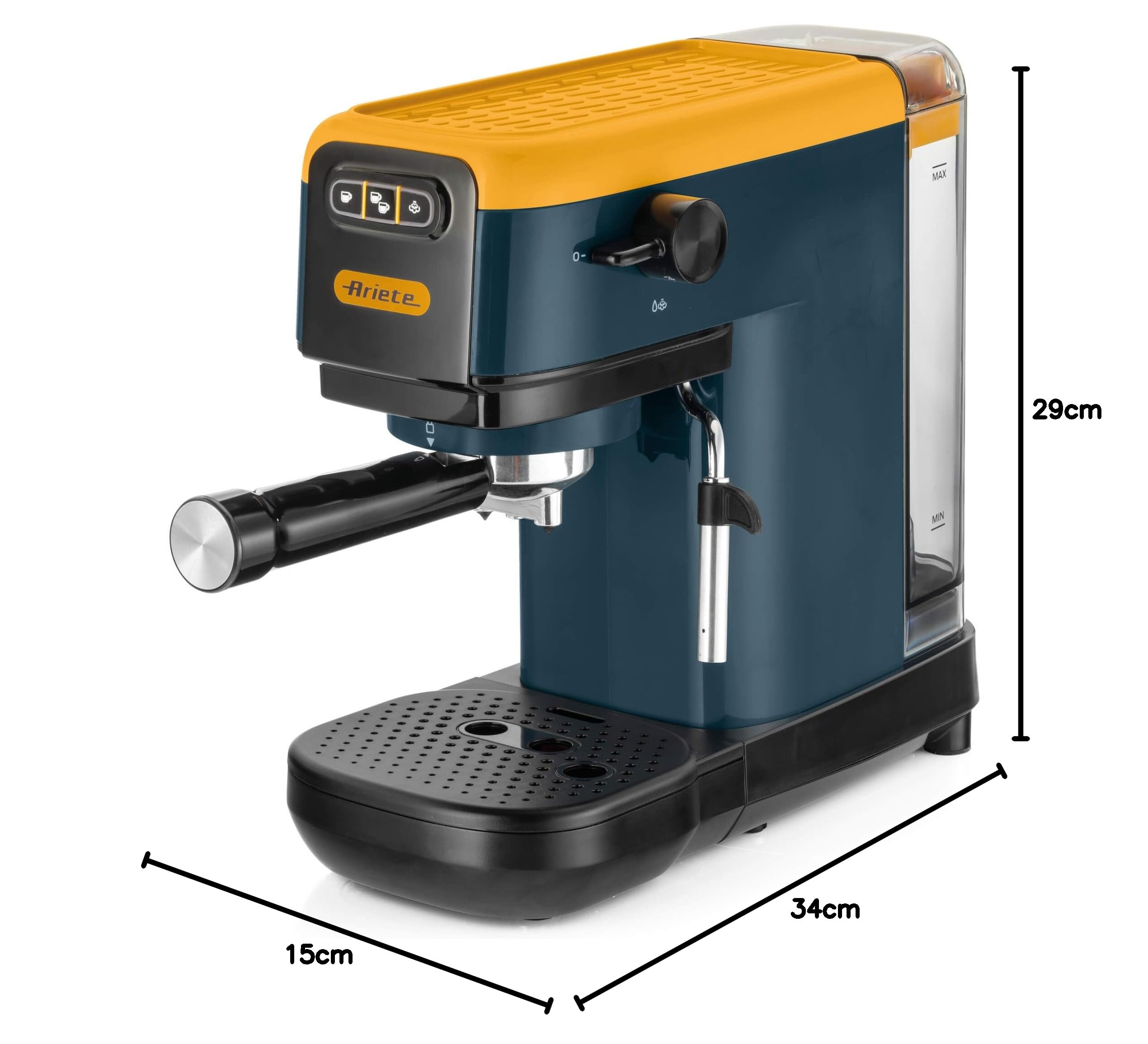 Ariete 1399 Macchina da caffè espresso Mango Yellow, Per polvere e cialde ESE, 1300 W, Capacità 1,1L, 15 bar di pressione, Filtro 1, 2 tazze e cialda ESE, Cappuccino, Giallo