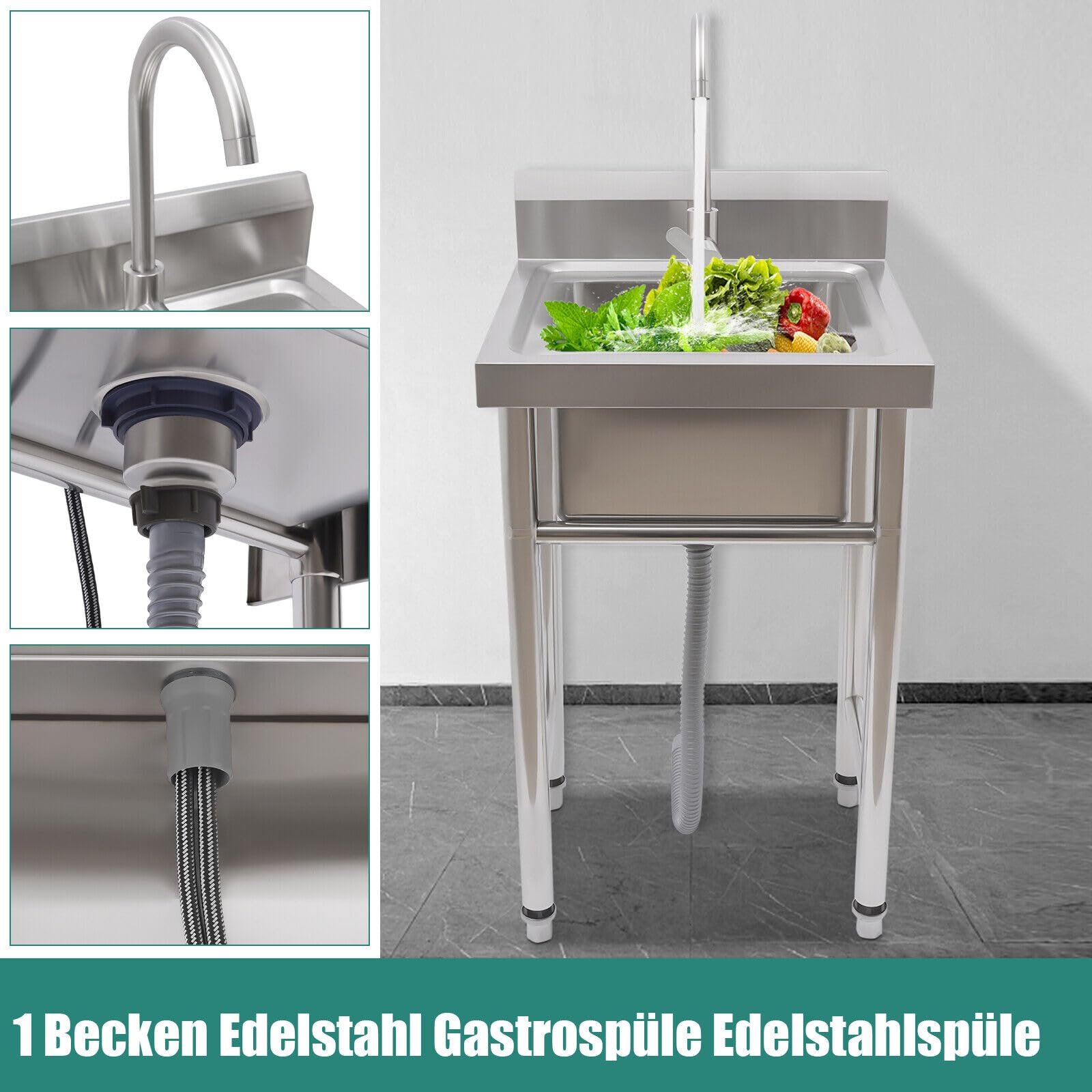 Fregadero de cocina de acero inoxidable, kit de fregadero de cocina de acero inoxidable, juego de fregadero rectangular de acero inoxidable con colador de desagüe con grifo y tubos de bajada,