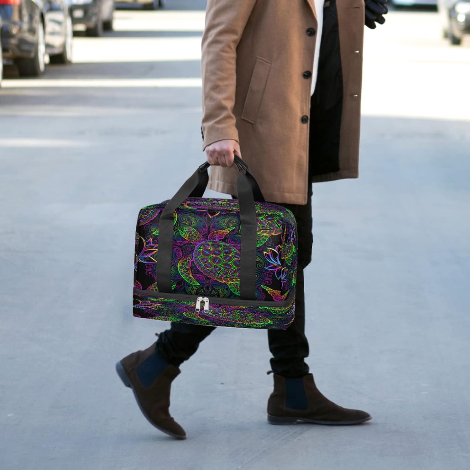 Sea Turtle Duffel Bag, Turtle Lotus Mandala Sports Tote Gym Bag with Wet Pocket & Shoes Compartment Carry On Luggage Bag Weekender Overnight Bag Travel Bags for Men Women - Image 6