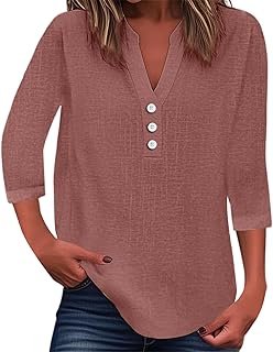 2025 - Top sólido con cuello en V y botones para mujer con mangas 3/4 Suéteres blancos para mujer