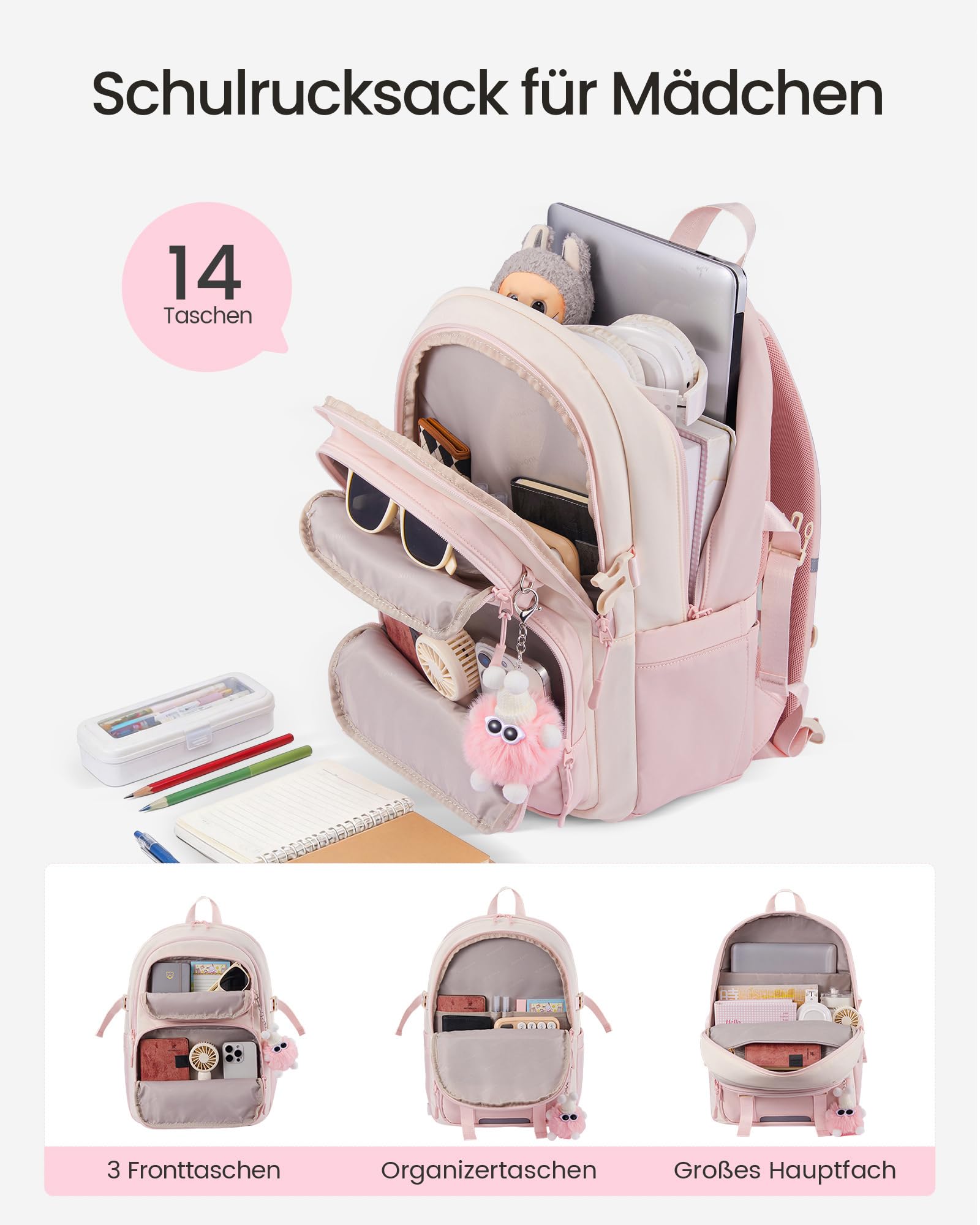 LOVEVOOK Schulrucksack Teenager Mädchen Schultasche Laptop Rucksack Damen | Schulranzen mit Vielen Fächern, 15,6 Zoll Groß Rucksack Schule 10-18 Jahre School Bag, Cute Backpack für Uni Arbeit Reise
