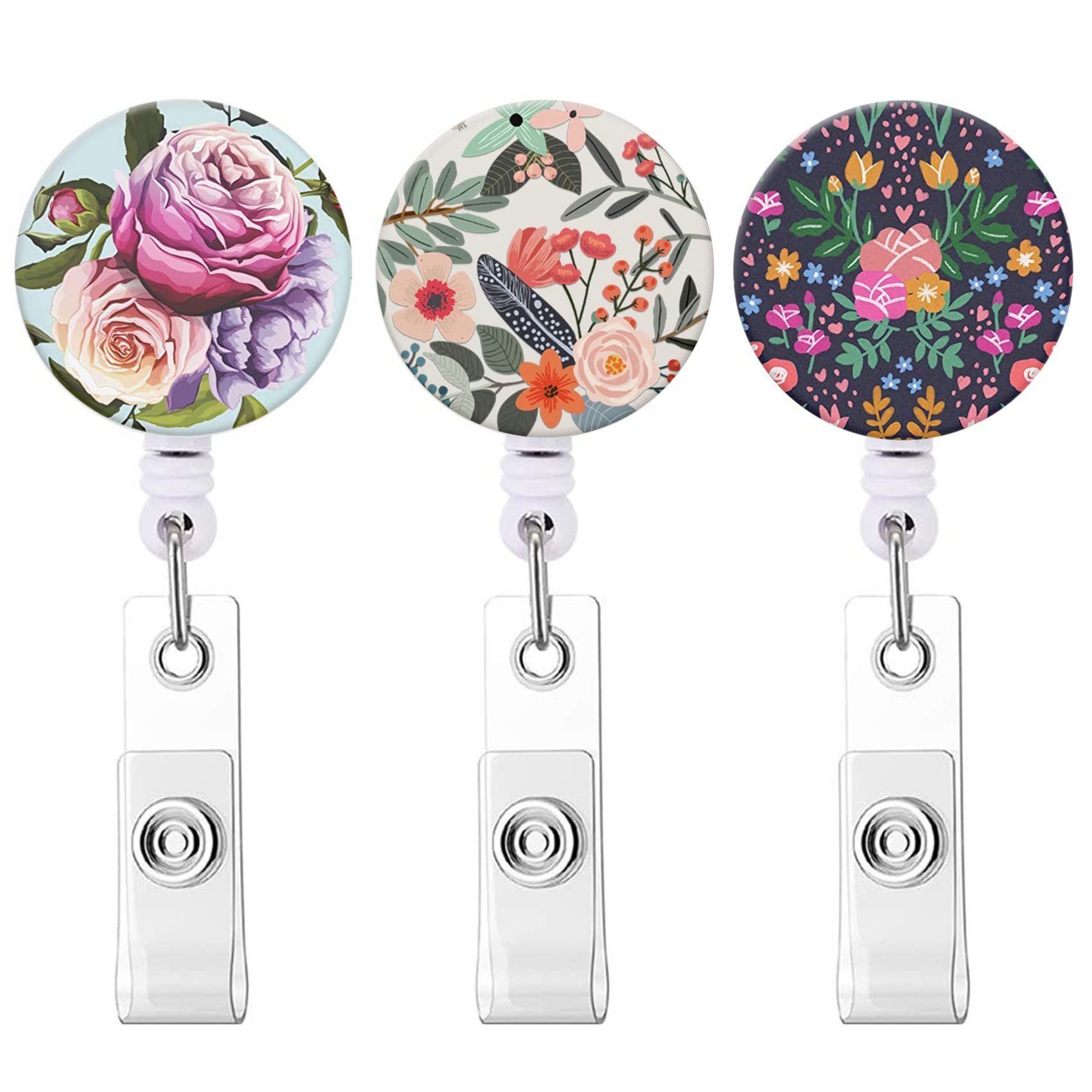 Badge Reel, Retractable Nurse Badge Holder with Alligator Clip ID Name Card Badge Clip for Office Student Doctor Nurse (3pack Pretty Flower)
