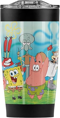 Spongebob Group Scene - Vaso de viaje de acero inoxidable de 20 onzas, aislado al vacío y doble pared con tapa deslizante a prueba de fugas