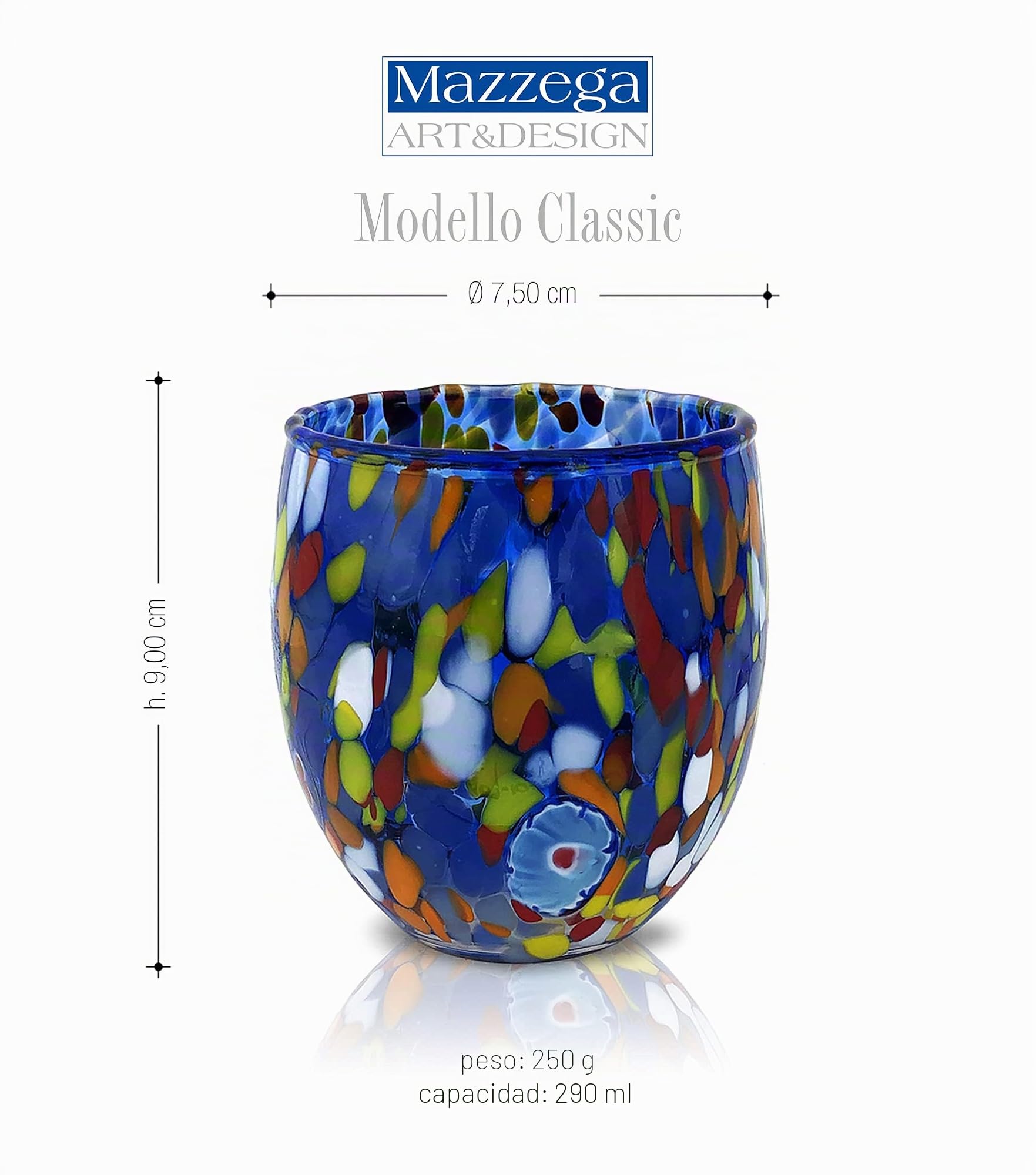 MAZZEGA ART & DESIGN - Juego de 6 vasos de agua de vidrio soplado artesanal con refinado y original murrina de Murano - Los colores de Murano - Modelo 'Clásico 9,8 oz'. Fabricado en Italia (Paquete de