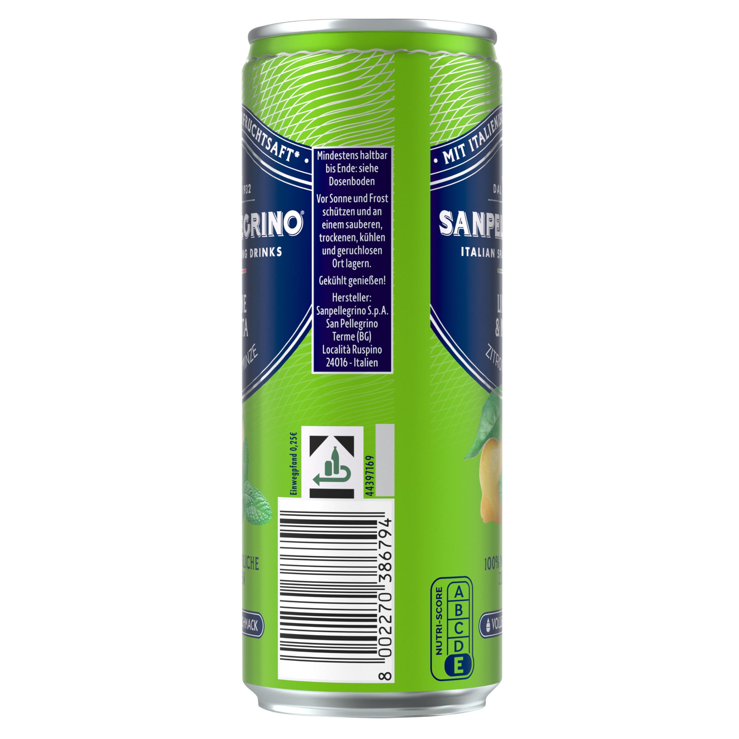 San Pellegrino Limone & Menta, Zitrone-Minze-Limonade mit 16% Zitronensaft (aus Konzentrat), 24er Pack (24 x 330ml) Einweg-Dosen