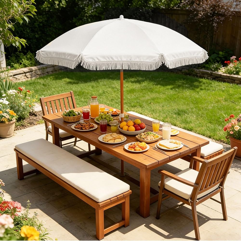 160 cm Parasol Ogrodowy z Frędzlami, Parasol Plażowy z Przycisk Nachylenia i Aluminiowym Drążkiem UV 50+