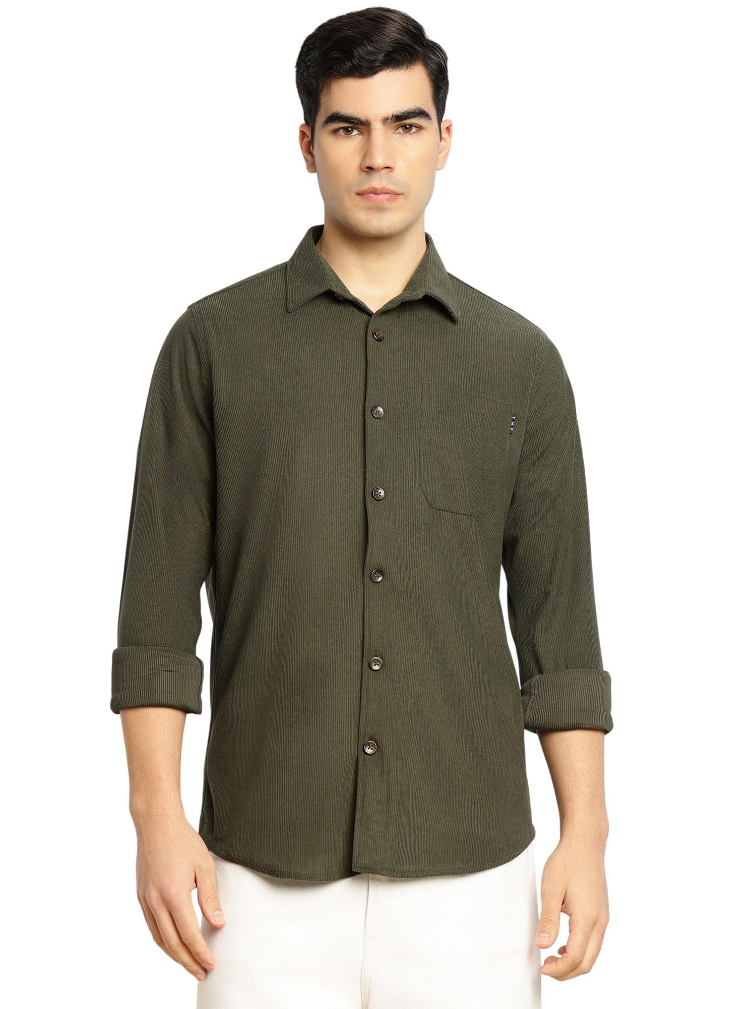 Thomas Scott Men’s Relaxed Fit Corduroy Casual Shirt | Long Sleeves, Spread Collar | Soft Polyester Fabric (TS1636_Olive