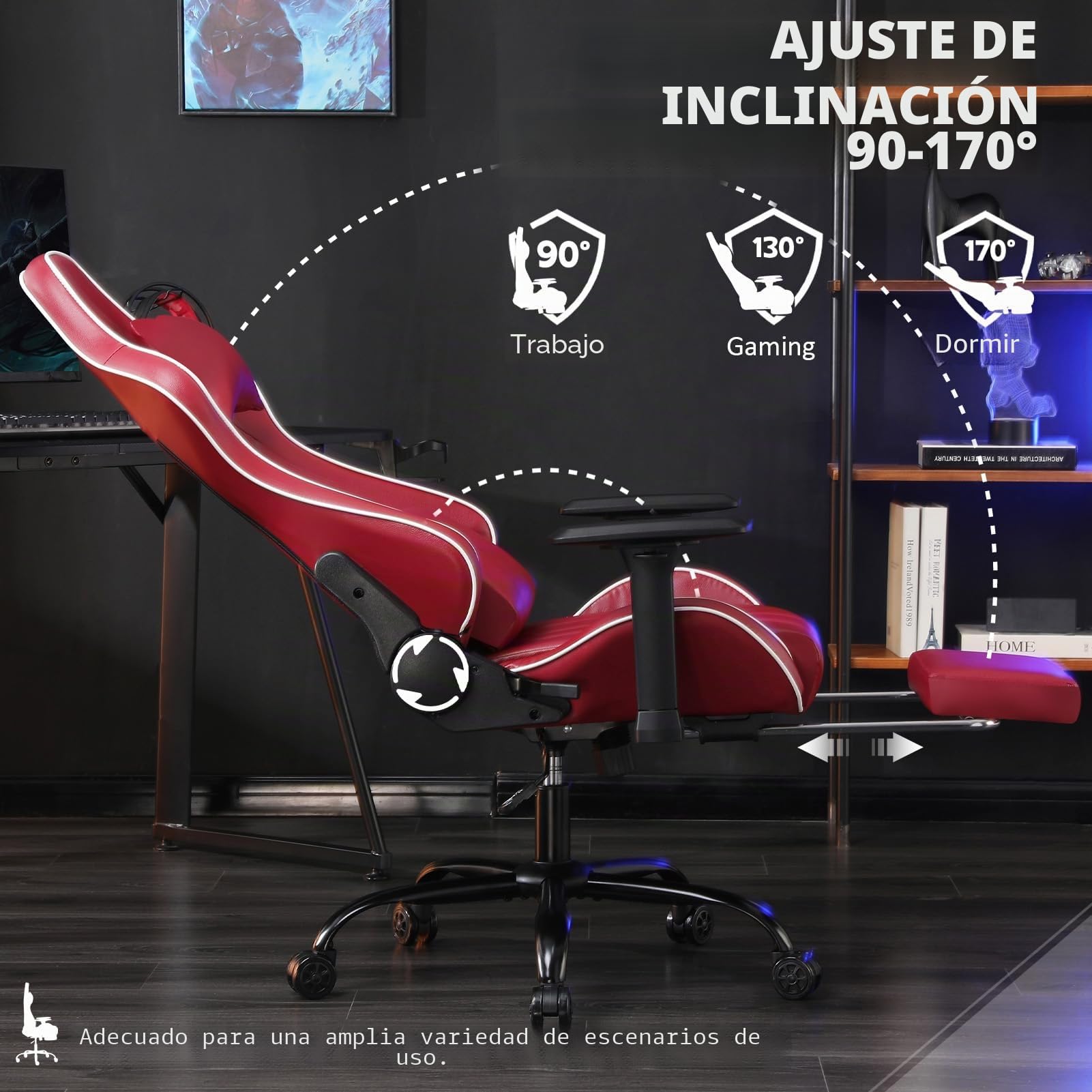 Sillas Gaming con Reposapies, Silla Gamer Adulto con Respaldo Lumbar, Silla Escritorio Gaming Ajustable en Altura, Silla Ordenador en Piel Sintética, Gama Alta, Rojo