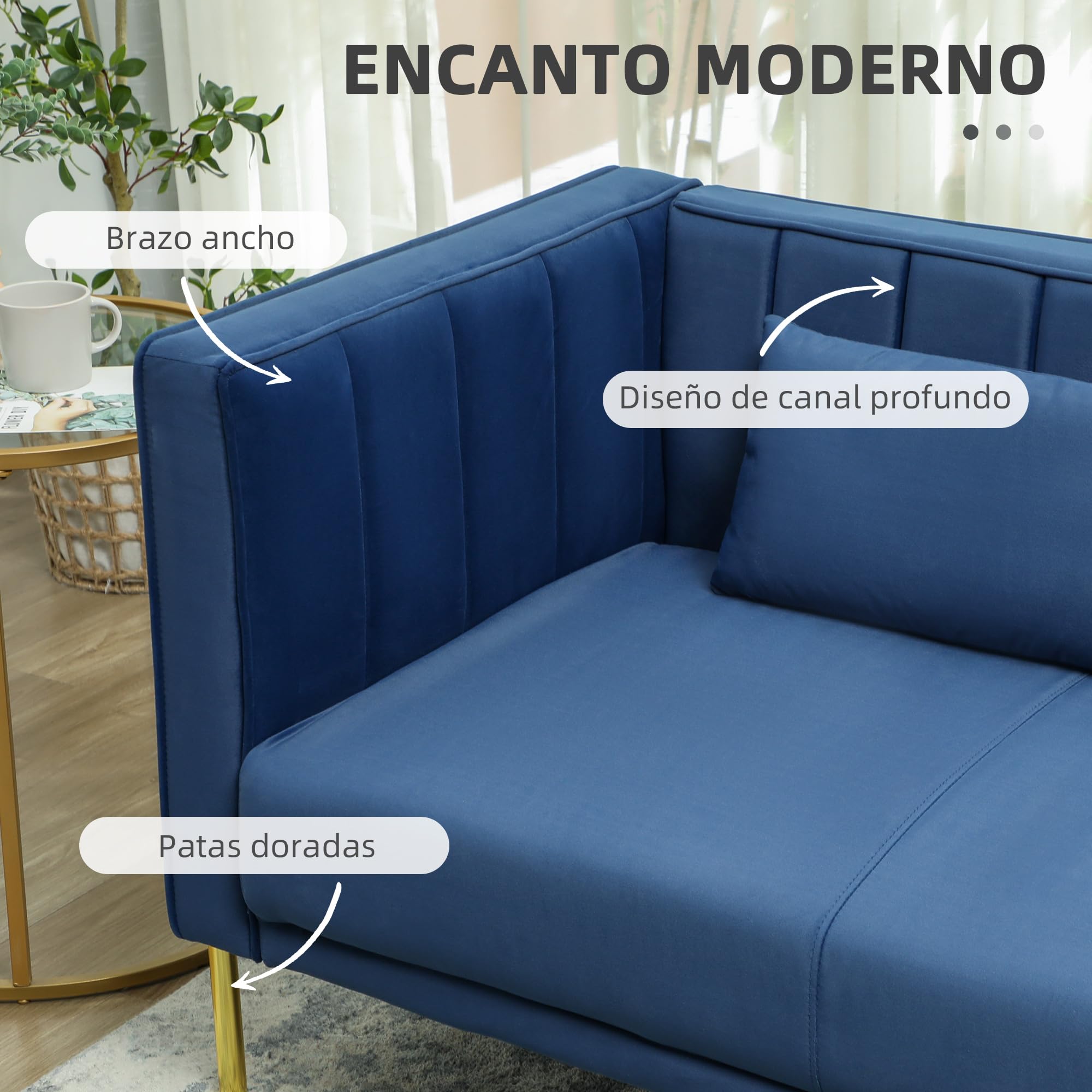 HOMCOM Sofá de 3 Plazas con Tapizado en Terciopelo 194,5 cm Azul Marino | Sofá de Salón, para Sala de Estar, 2 Cojines, Reposabrazos, Patas Doradas