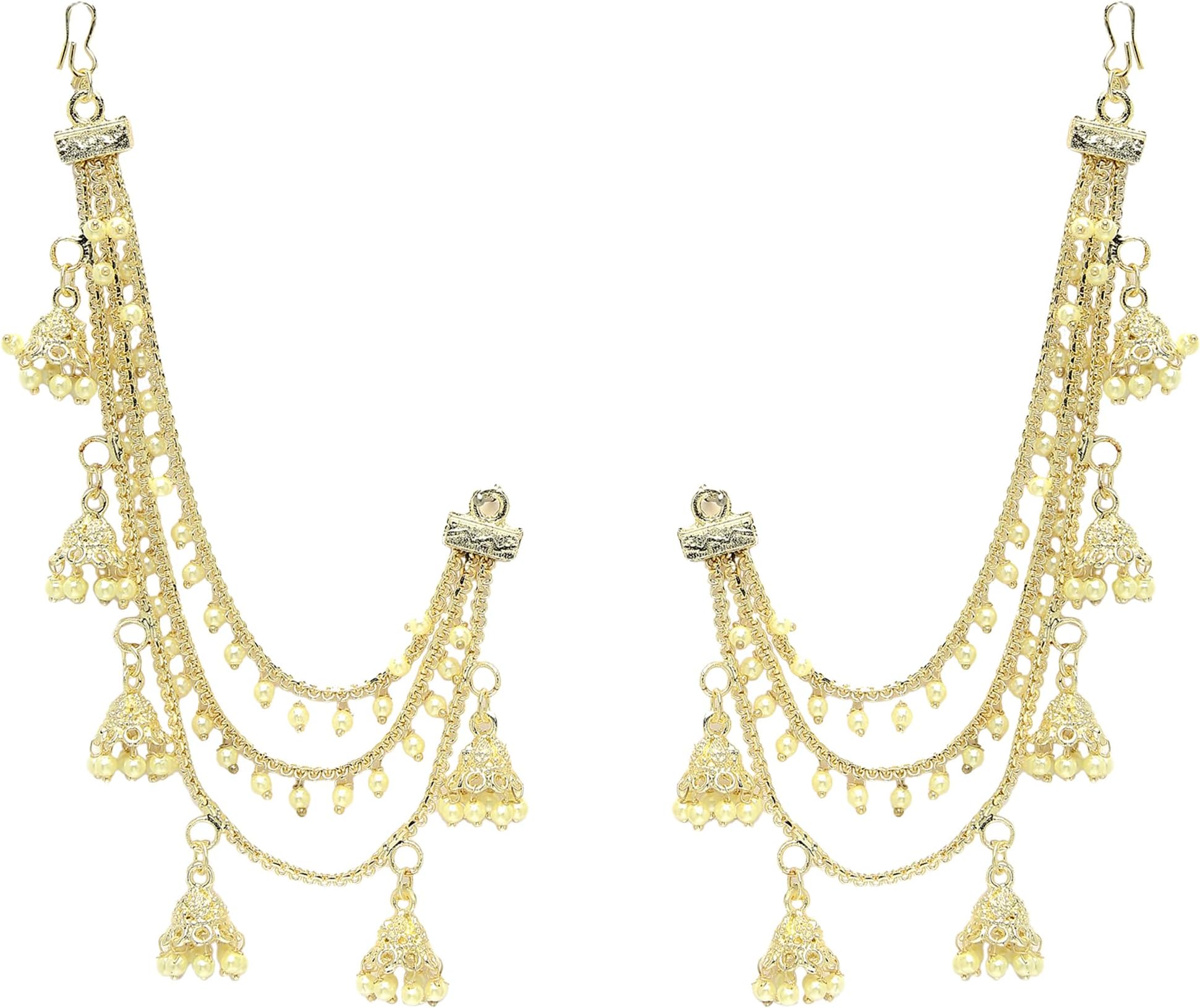 Zeneme Traditional Brass 18 K Gold Plated Wedding Jewellery Bahubali Inspired Long Chain Jhumki Earrings for Women and Girl