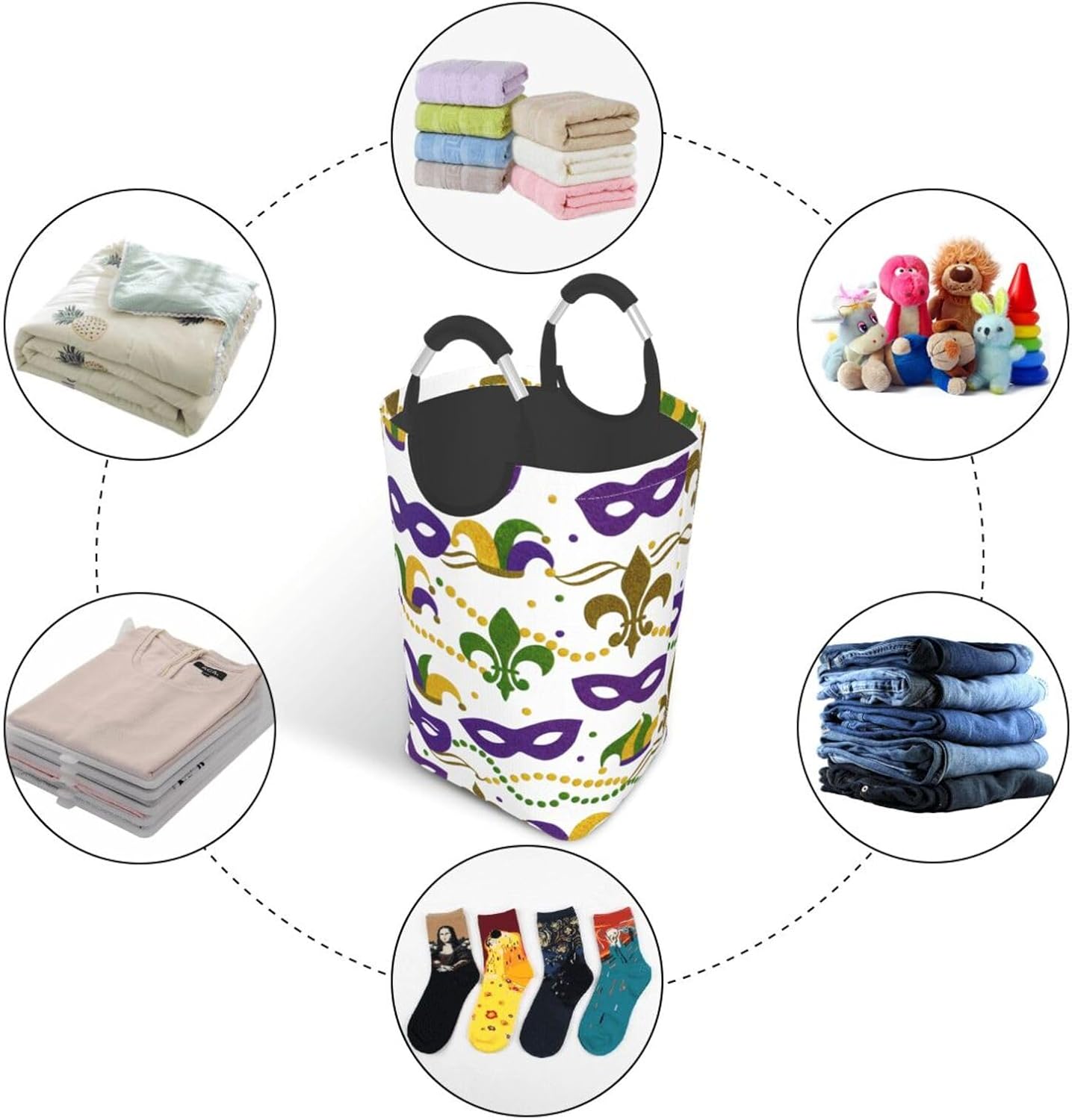50l Laundry Basket Carnival Fleur-De-Lis Waterproof Laundry Hamper Foldable Clothes Laundry Bag With Handles