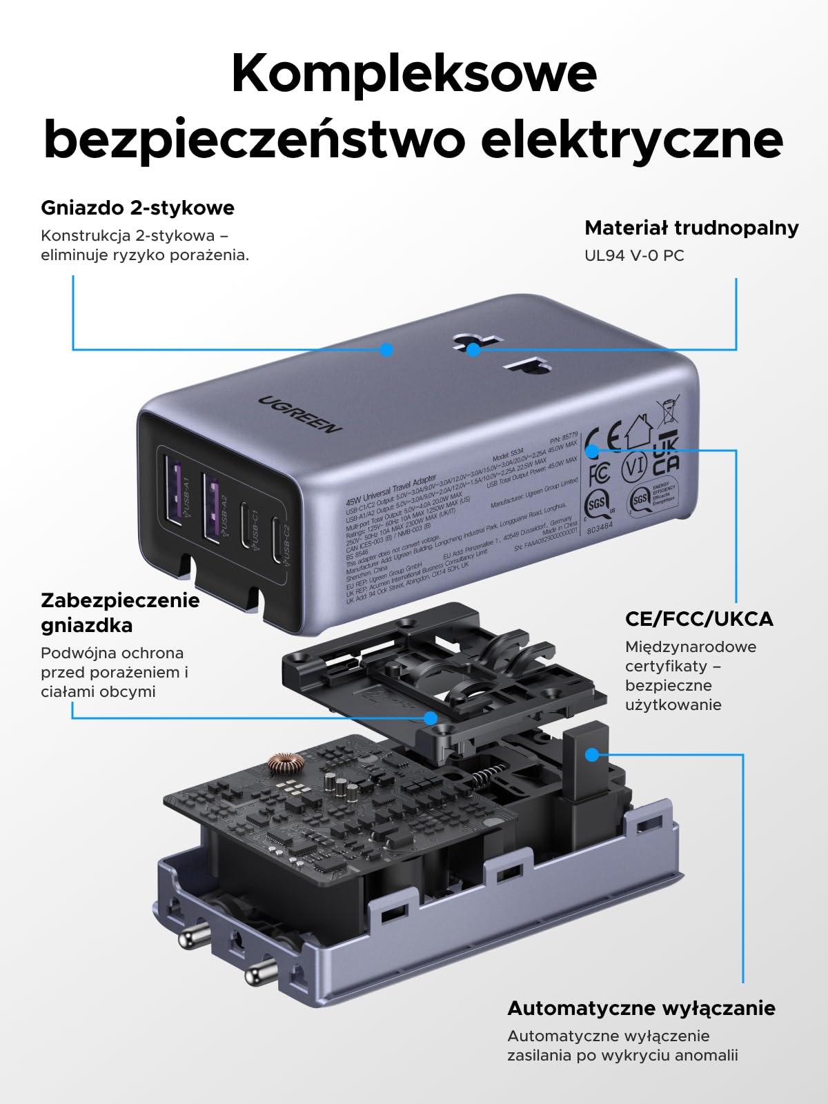 UGREEN Zasilacz podróżny 45 W, 6 w 1 z 2 USB C, 2 USB A i 2 AC | Międzynarodowe adaptery Typ I/A/C/G do EU/UK/US/AU, uniwersalne, kompaktowe i bezpieczne w podróży i na wakacjach