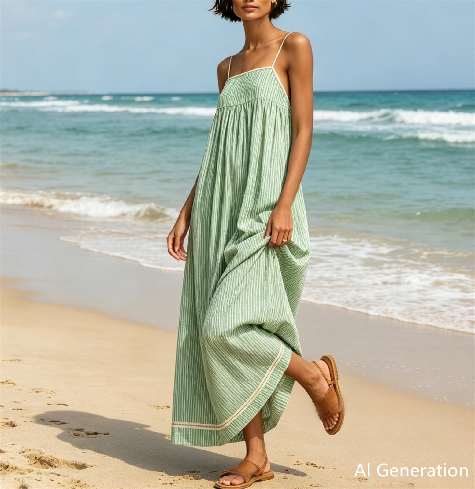 Genérico Vestido Largo de Tirantes Finos Estilo Boho para Mujer, Corte A, con Detalles Rojos