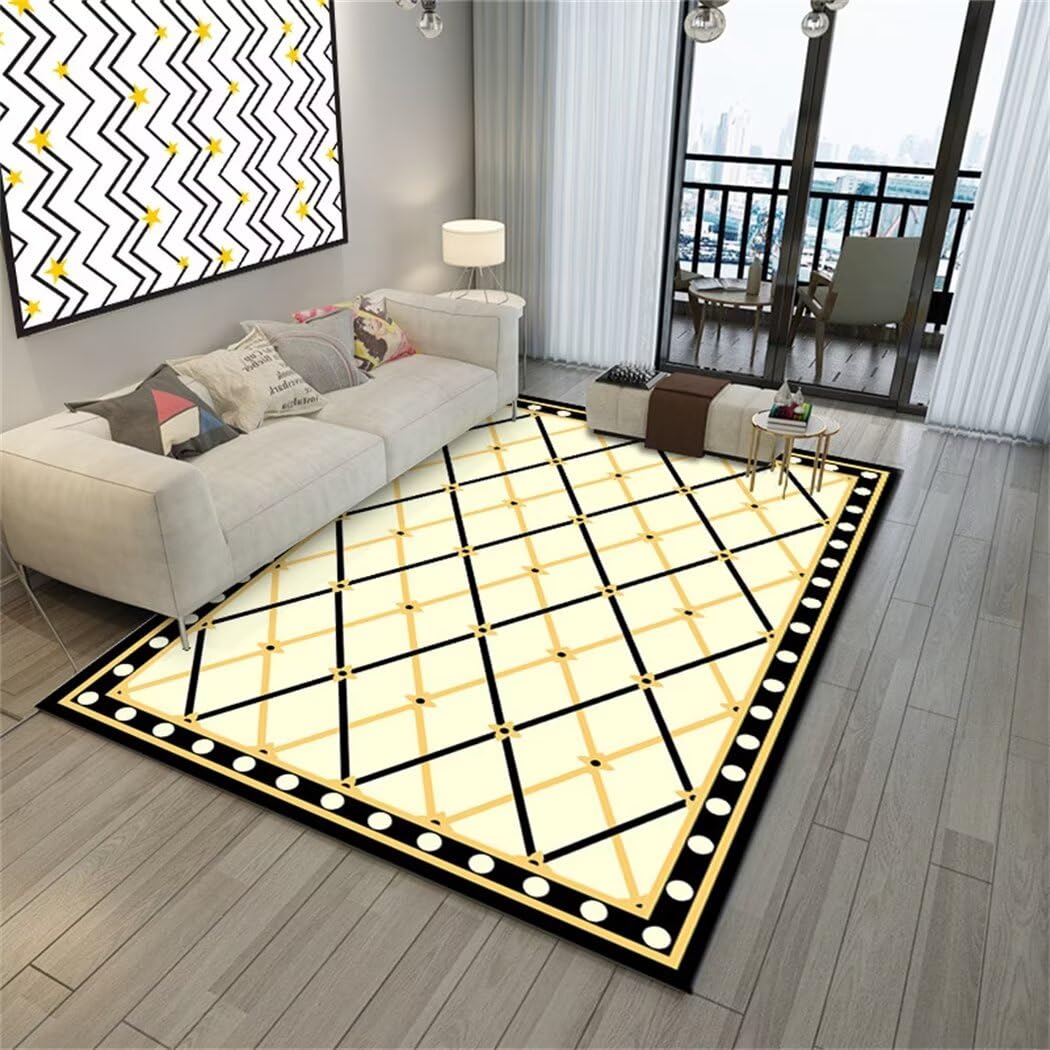Tapis couloir lavable jaune clair 100x200cm à motif de grille moderne haute résistance