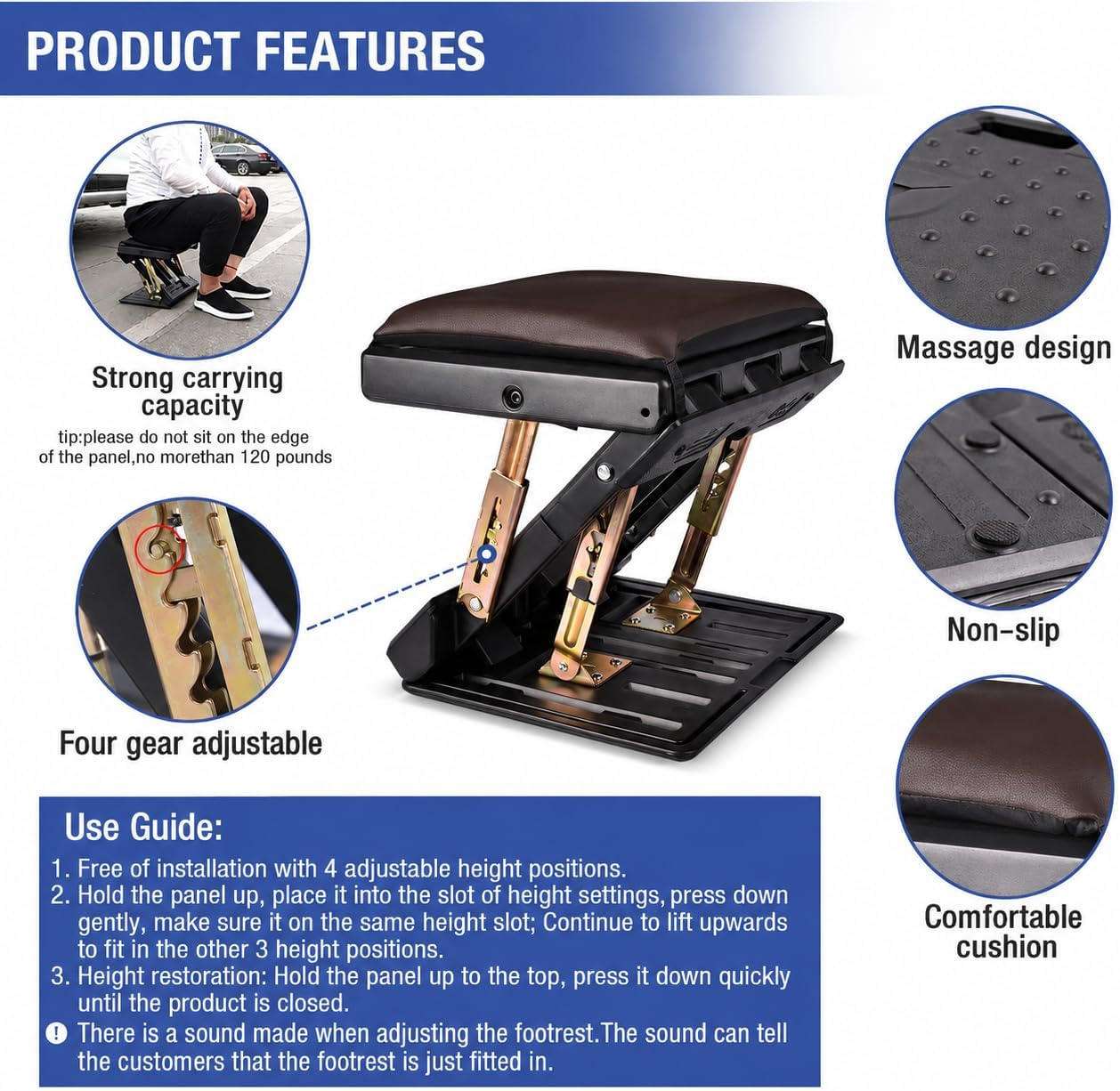 Under Desk Footrest, 4-Level Height Adjustable 12Modes Foldable Footrest image 3