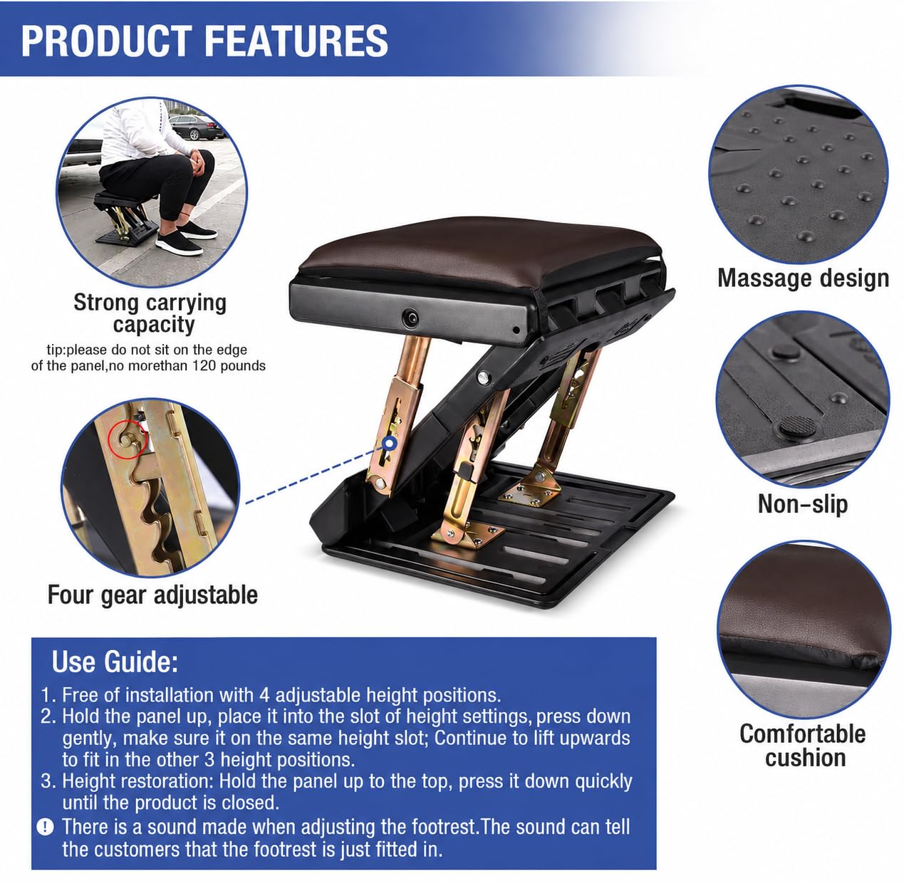 Fußstütze für unter dem Schreibtisch bei der Arbeit, 4-stufig höhenverstellbar, ergonomisch, faltbar, Fußstütze für Büro, Gaming, Computer, weiche und abnehmbare Unterlage