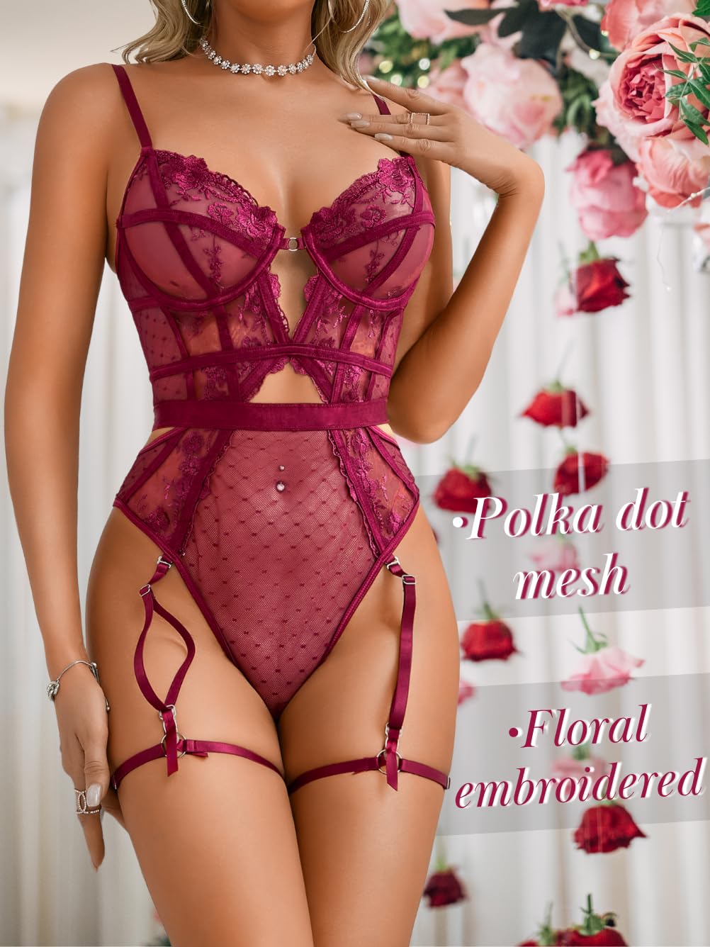 Kaei&Shi Floral Embroidered, Underwire, Removable Garter, Thigh Straps, Backless Bodysuit: Burgundy 2-4