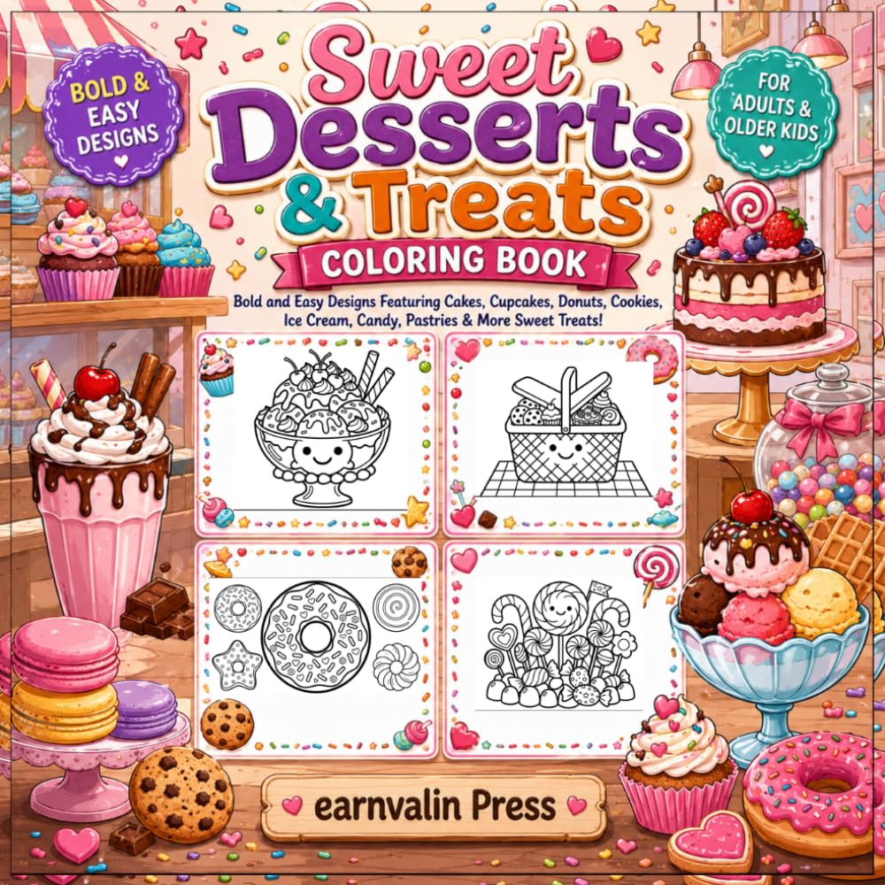 Sweet Desserts & Treats Coloring Book: Bold and easy coloring pages filled with cakes, cupcakes, donuts, cookies, ice cream and other delicious ... and hours of enjoyable coloring fun.