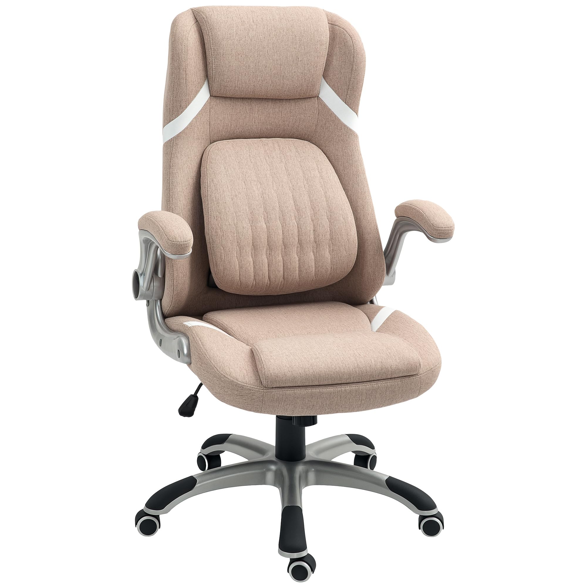 Vinsetto Silla de Oficina Ergonómica con Reposabrazos y Reposacabezas Abatibles, Silla de Escritorio Giratoria con Apoyo Lumbar, Altura Ajustable y Función de Balanceo Textil para Estudio, Marrón