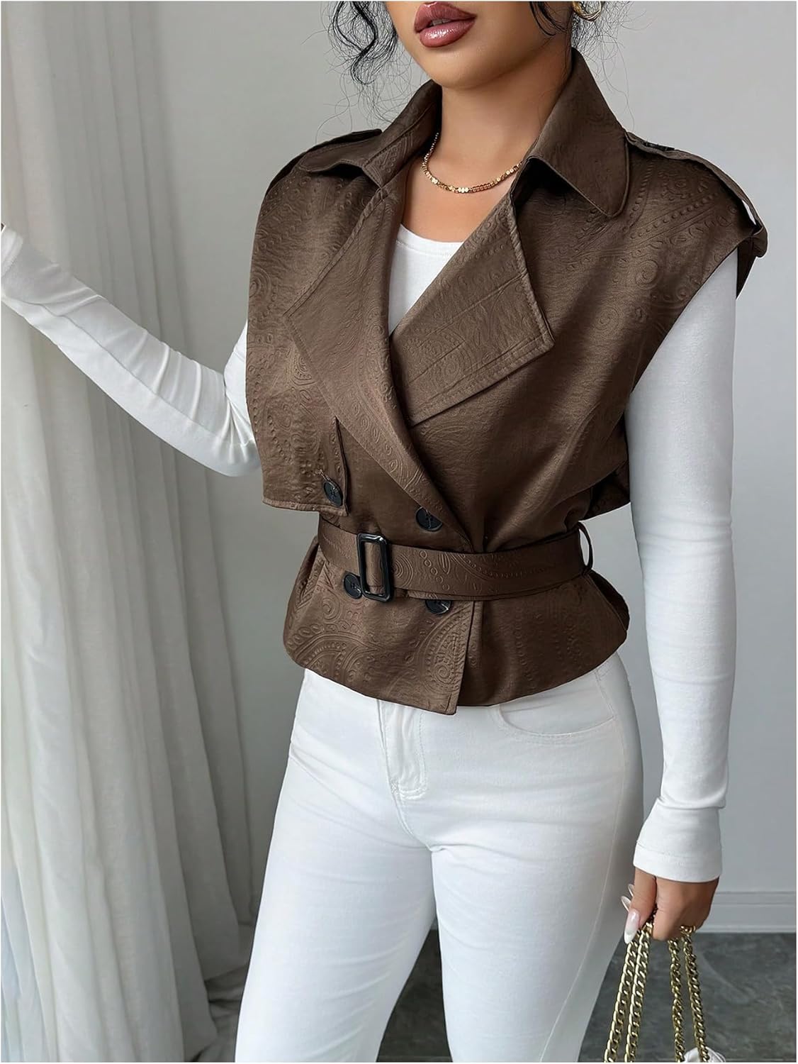 GORGLITTER Women's Cap Sleeve Cropped Trench Coat Trendy Belted Lapel Collar Business Casual Vest Coats - Image 5