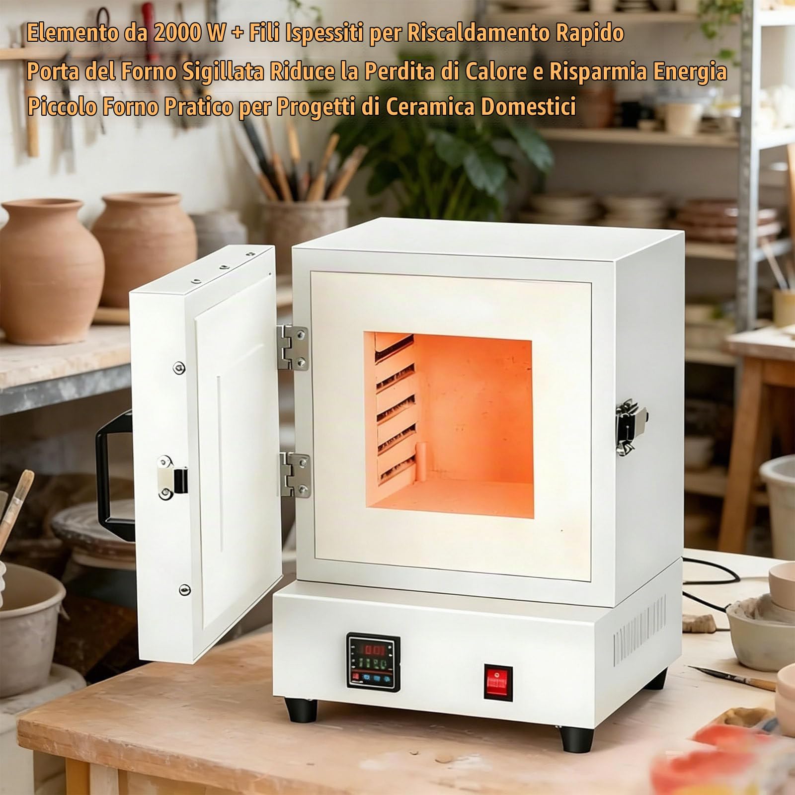 Forno Elettrico per Ceramica 2000W – Mini Forno a Muffola con Controllo Digitale Preciso ±1°C, Forno Compatto per Casa, per Metalli, Gioielli, Vetro, Argilla e Trattamenti Termici