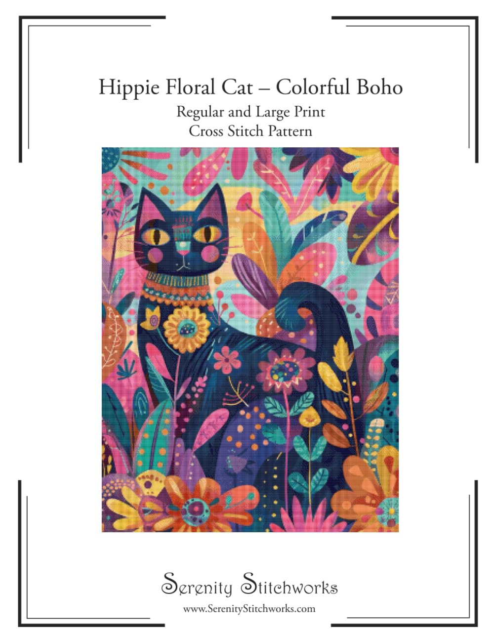 Hippie Floral Cat – Colorful Boho Cross Stitch Pattern: Regular and Large Print Cross Stitch Pattern