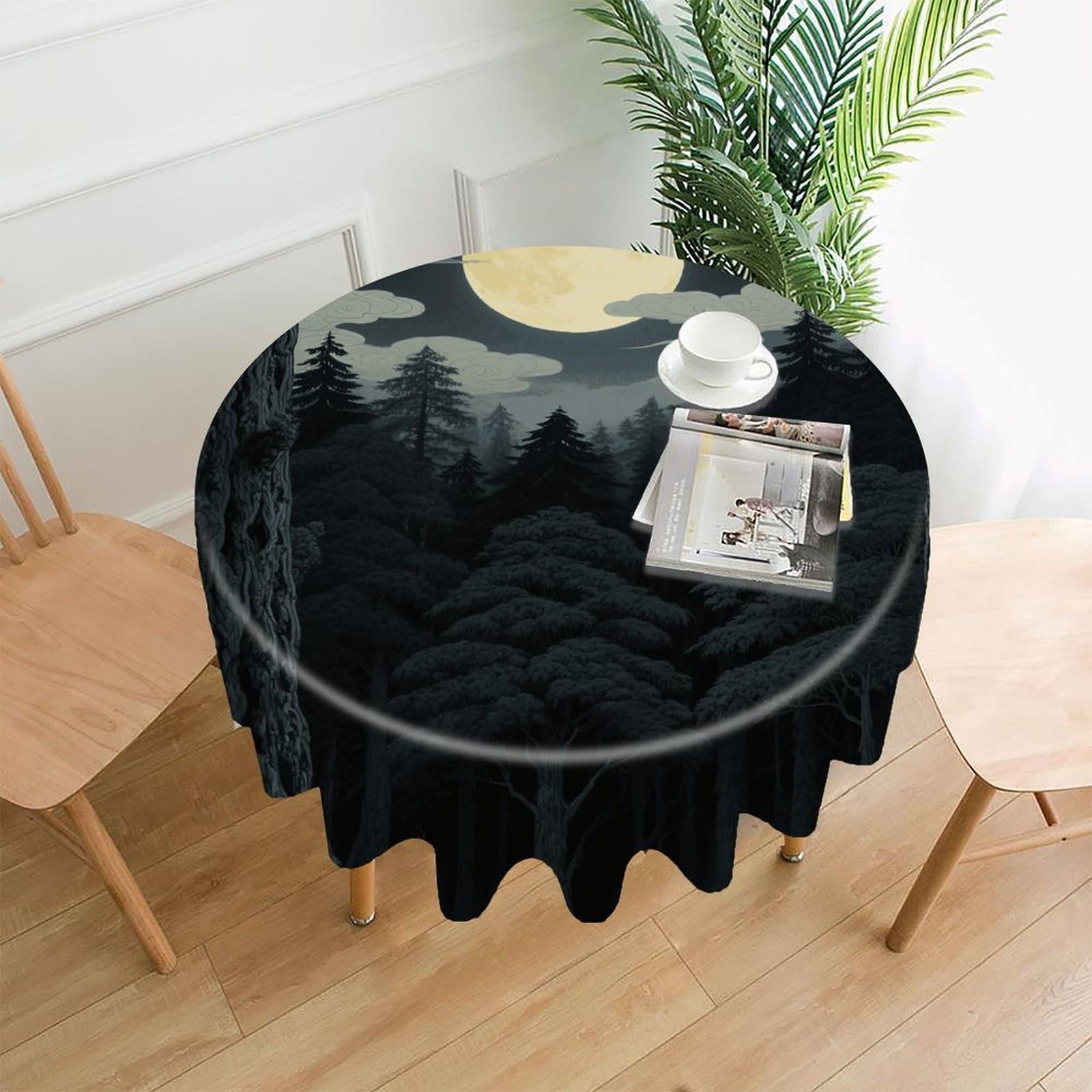 FekiLoot Forest Japanese Moon Round Tablecloth Cover 60 Inch Wrinkle Free Washable Polyester Fabric Table Cover Decorative Round Table Cloth for Home Dining Kitchen Party Farmhouse