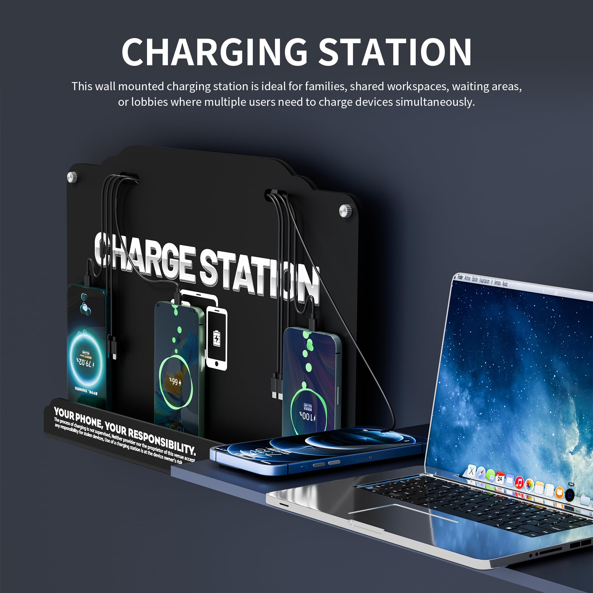 Estación de carga de 8 puertos montada en la pared con cables Fast Charigng - Base de carga multidispositivo para oficina, hotel y espacios públicos | Compatible con iPhone, iPad, smartphone, tabletas