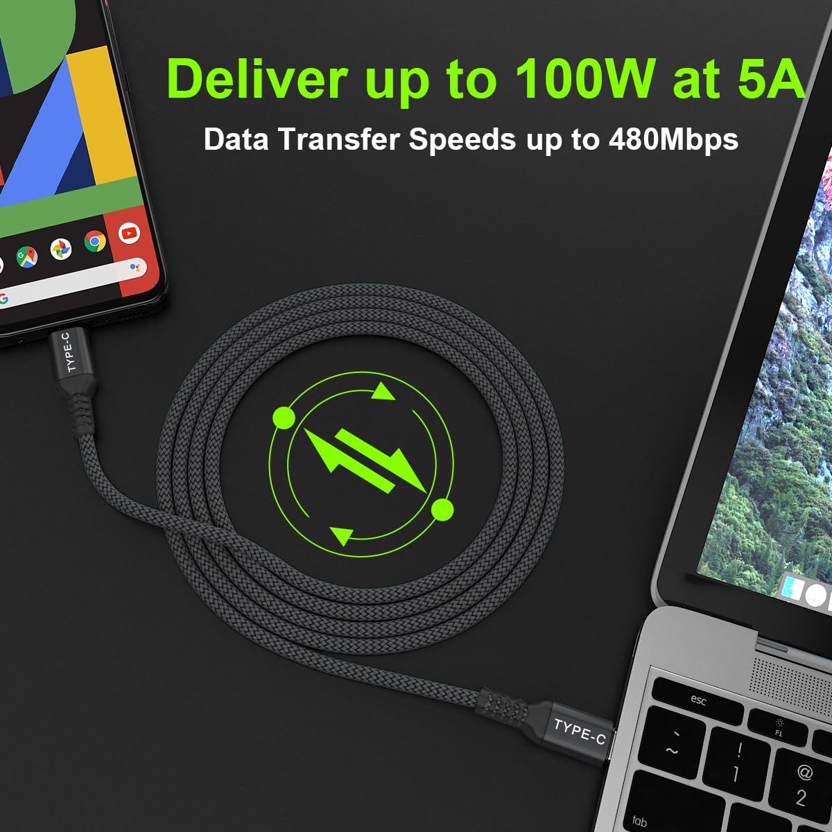 BASESAILOR Cavo USB-C a C 100W 2M con Adattatore USB,Caricatore Rapido 20V/5A PD per MacBook,iPad Pro 2022 Generazione,iPhone 15 16 Pro Max,Samsung Galaxy Note 10 A32 A33 A41 A42 A51 A52 A53 A54