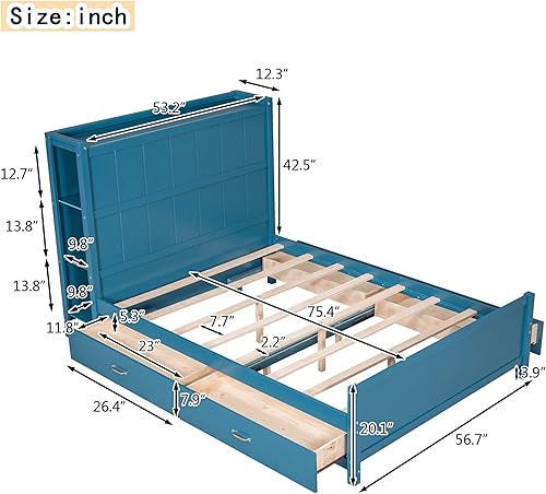 Miniatura 4 de Harper & Bright Designs Cama de tamaño matrimonial con cabecera de estantería y 4 cajones de almacenamiento, marco de cama de plataforma de madera