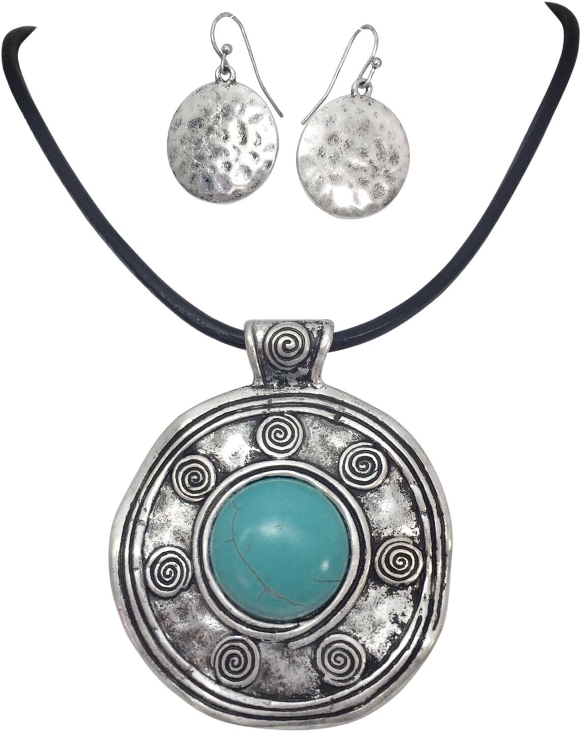 Gypsy Jewels Tribal Disk on Leather Cord Simulated Turquoise Necklace & Earrings Set