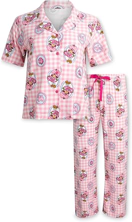 COCO BRANDS Strawberry Shortcake Womens Pajama Sets - 2 Piece Soft Stretch Button Down Sleep Shirt and Pajama Pants