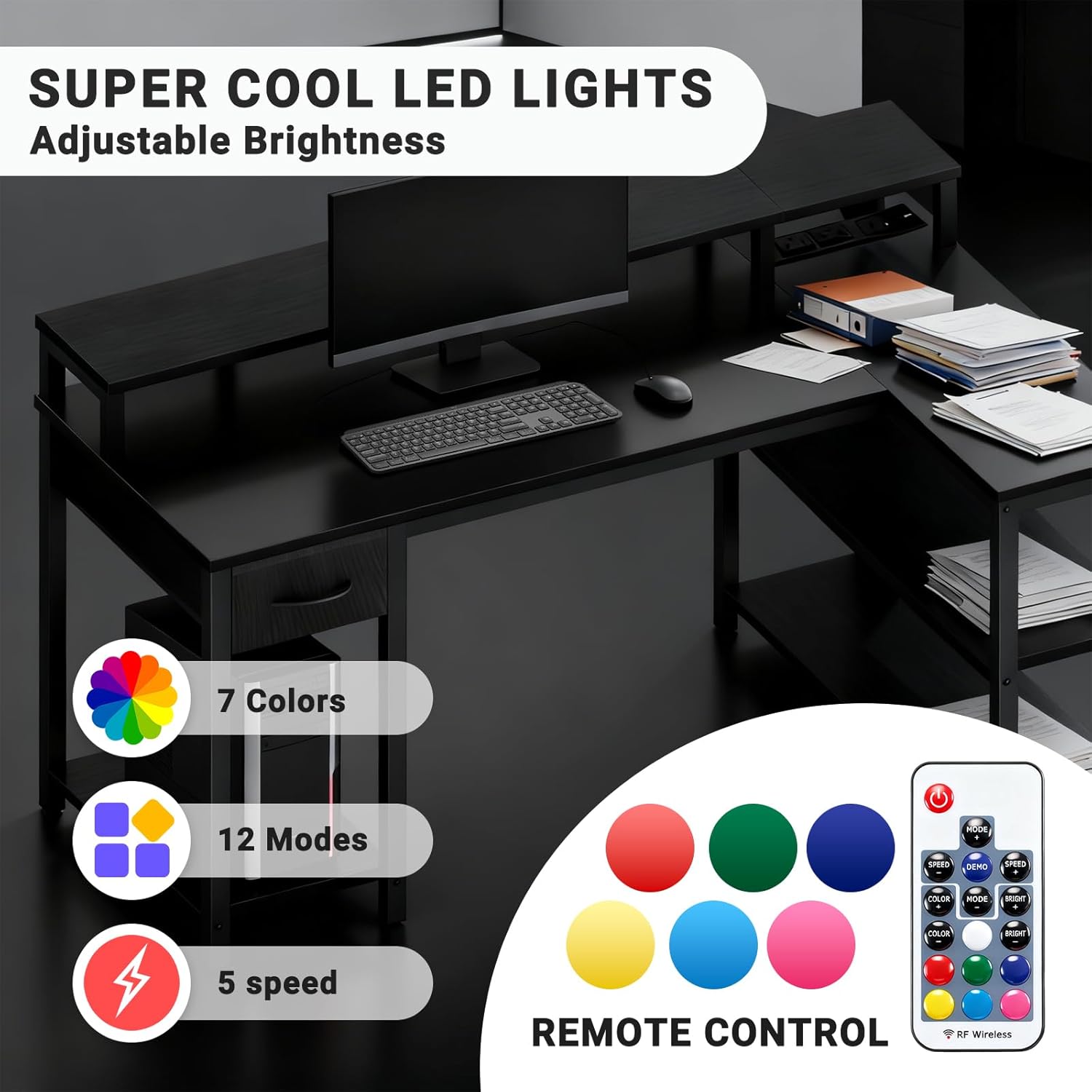 Simple Deluxe 53-inch L-Shaped Gaming Desk with LED Lights & Power Outlets, Reversible Corner Computer Desk with Monitor Riser, Drawer & Shelves, for Home Office, Black