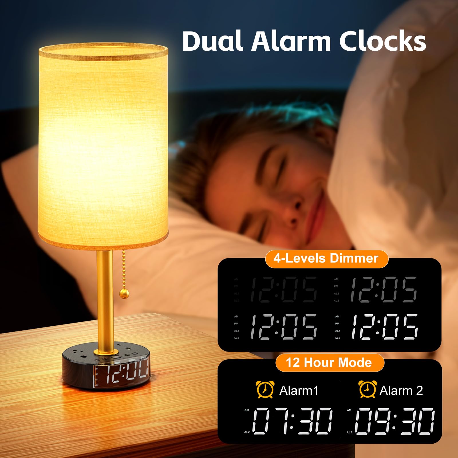 Lampada da comodino per camera da letto, lampada da tavolo con porte USB A e USB C di ricarica rapida e 2 prese di alimentazione CA, base sveglia, paralume rotondo in tessuto nero, lampada da comodino