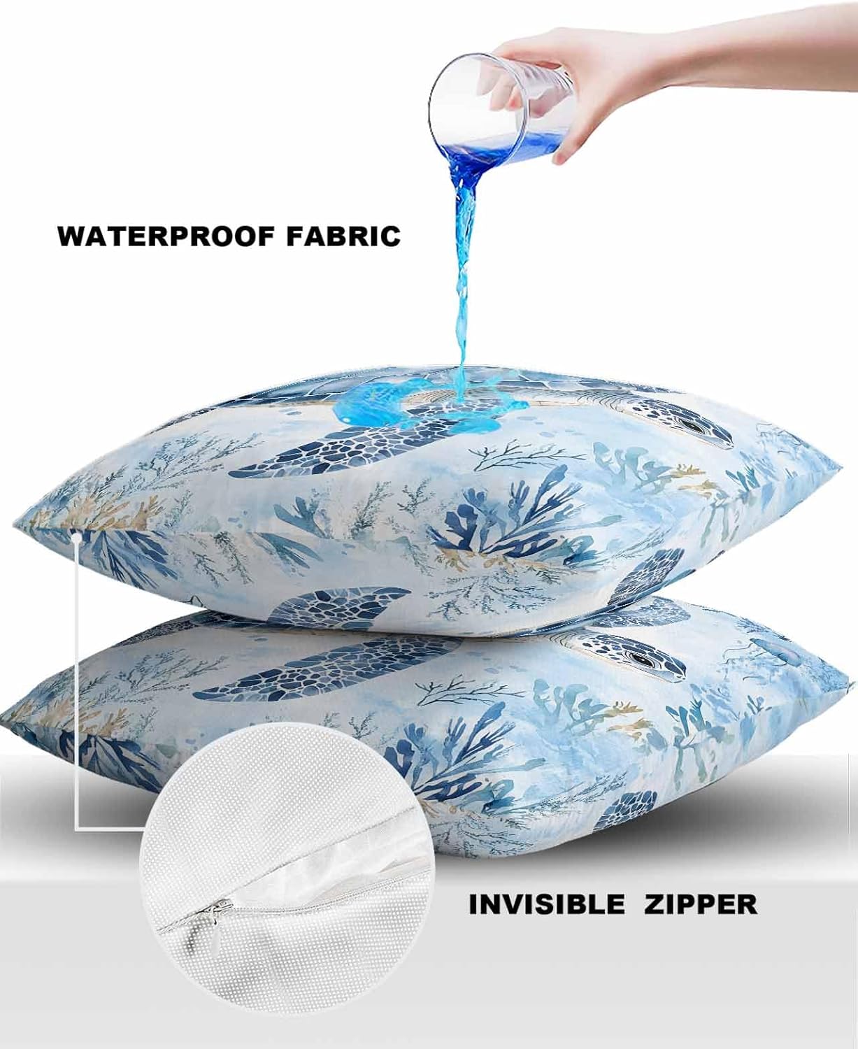 Summer Ocean Waterproof Outdoor Pillow Covers 26x26 inch, Blue Turtle Jellyfish Polyester Throw Pillow Covers Garden Cushion Decorative Pillowcases for Patio Couch Decoration