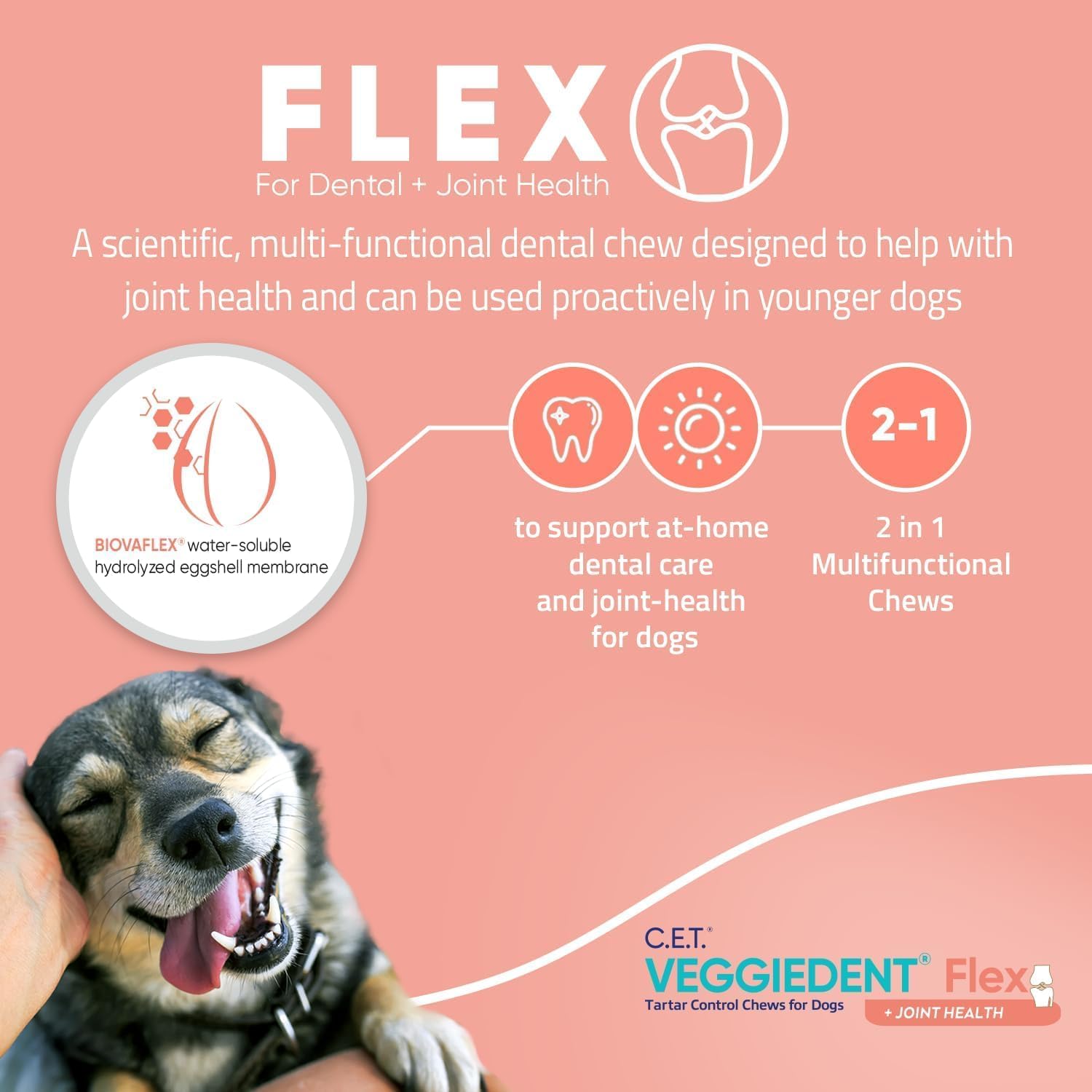 Virbac C.E.T.® VEGGIEDENT® Flex Tartar Control Chews for Dogs - Multifunctional to Support Joint Health, VOHC Approved - Medium 22-66lbs