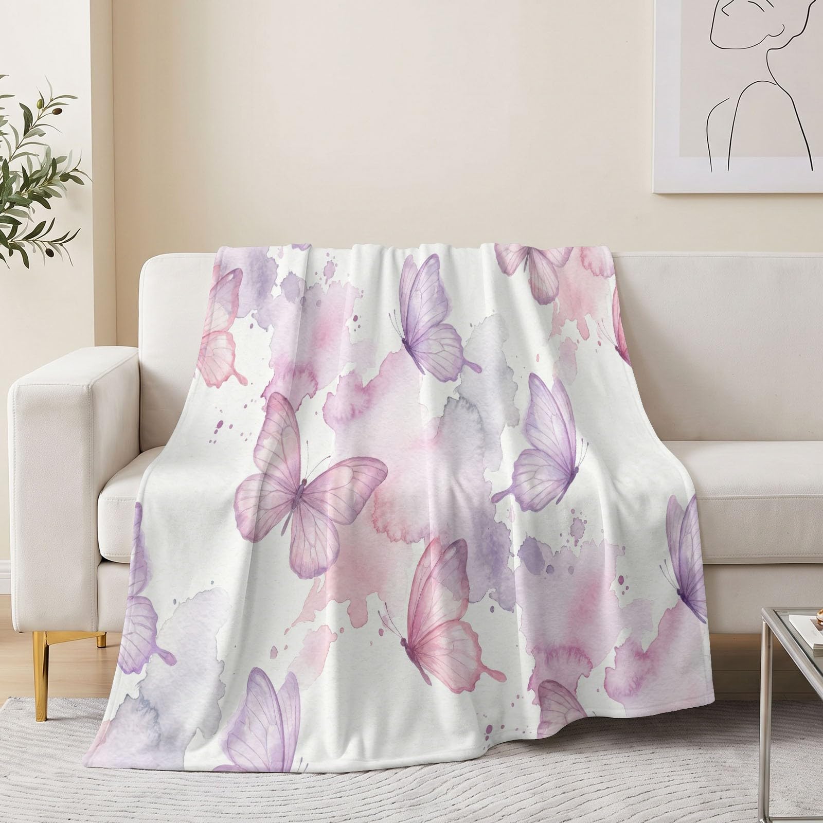 Dreamy - Coperta in pile di flanella, 200 x 220 cm, motivo acquerello con farfalle, a pois, per divano, letto, viaggi, stile nordico, soffice, lavabile, per ragazzi, ragazze e donne, idea regalo
