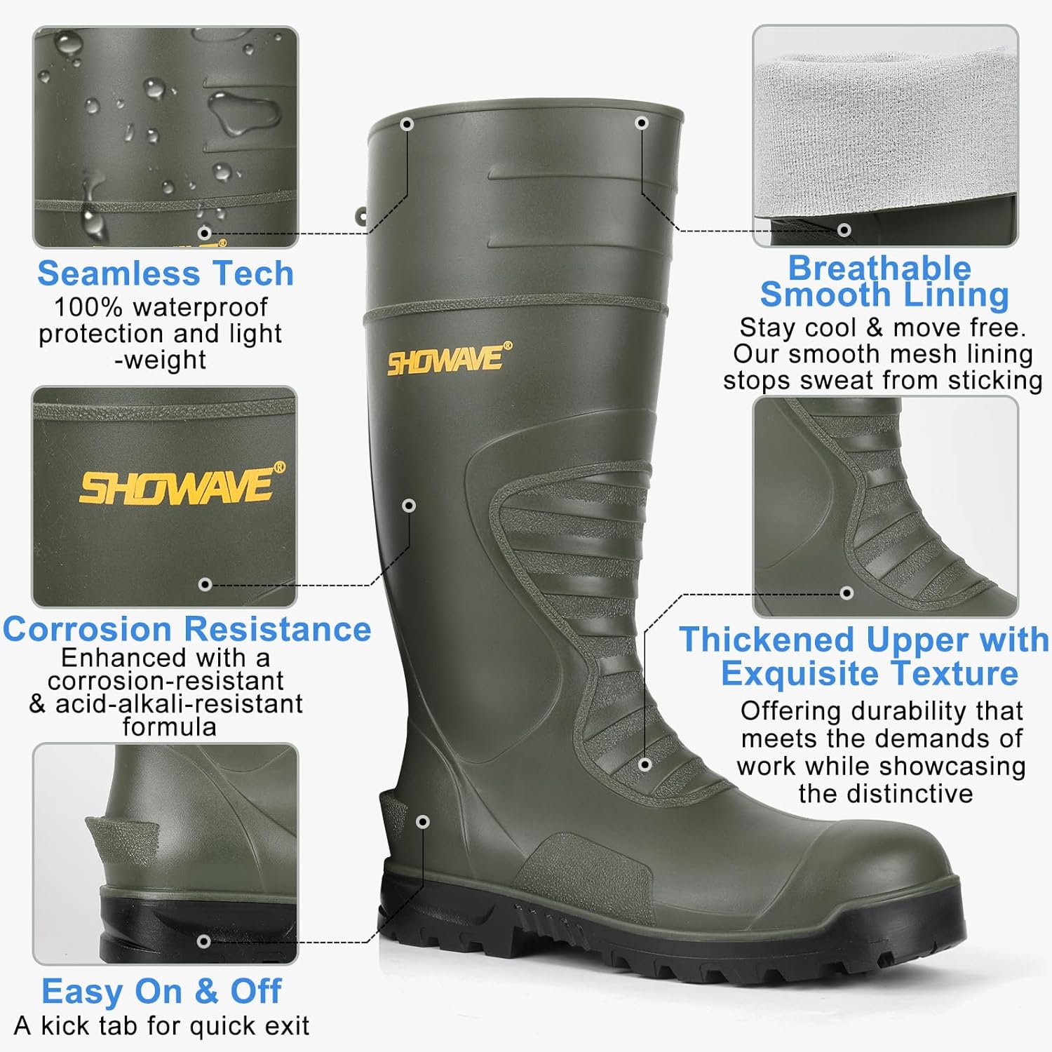 Showave Men's Steel Toe Rubber Boots Kevlar Sole Safety Work Boot Puncture-Proof Rain Boot Slip & Oil Resistant Outsole for Industrial Construction Agriculture