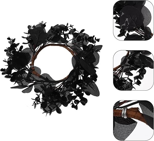 Miniatura 9 de Yardwe Anillos de vela de Halloween, coronas, hojas artificiales, coronas, portavelas, corona gótica decorativa para Halloween, boda, fiesta, hogar,